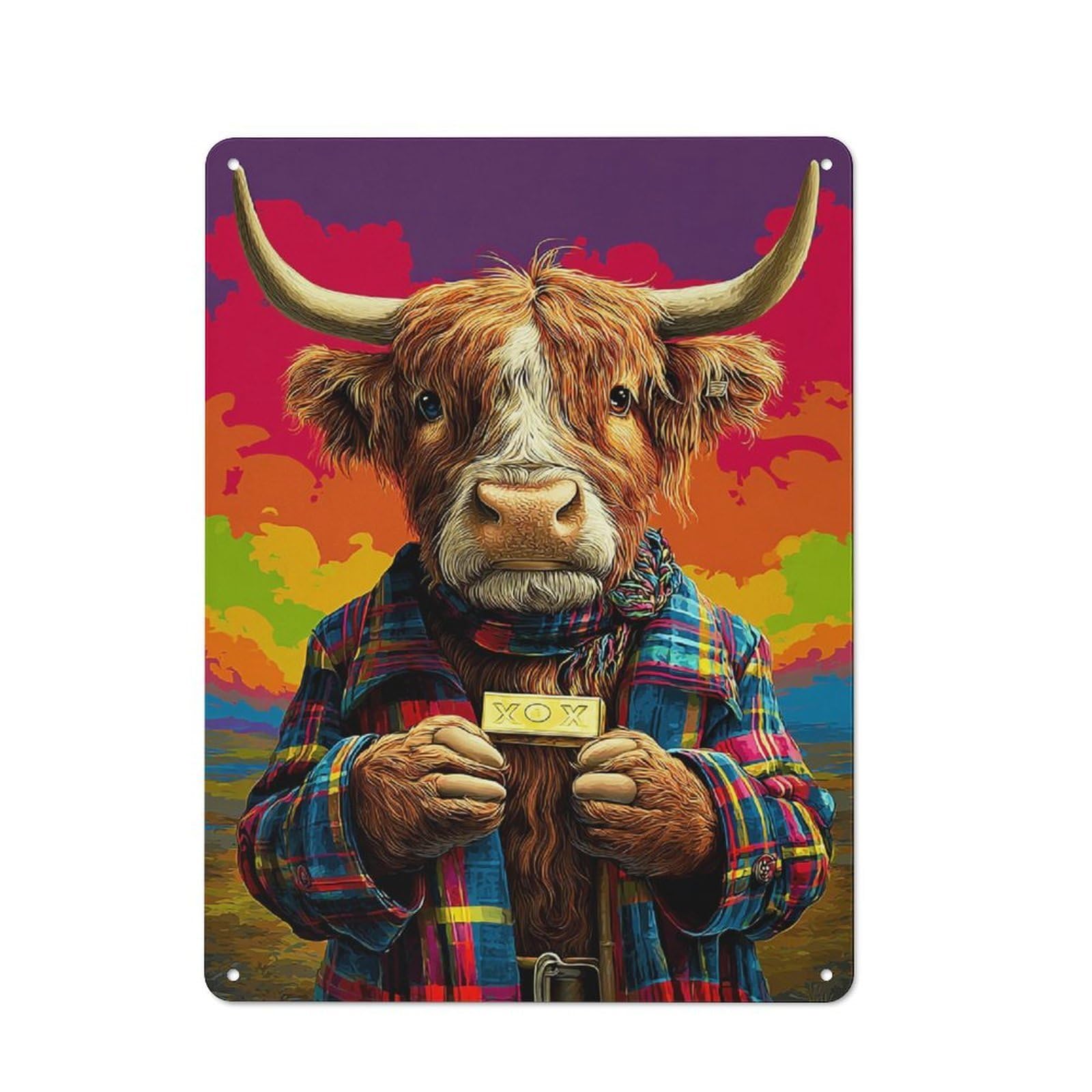 Junmoney Highland Cow In Plaid With Gold Bar Metal Wall Sign 40X30cm Featuring For Garage Or Workshop, For Vintage Wall Decor Fans, For Metal Sign Collectors