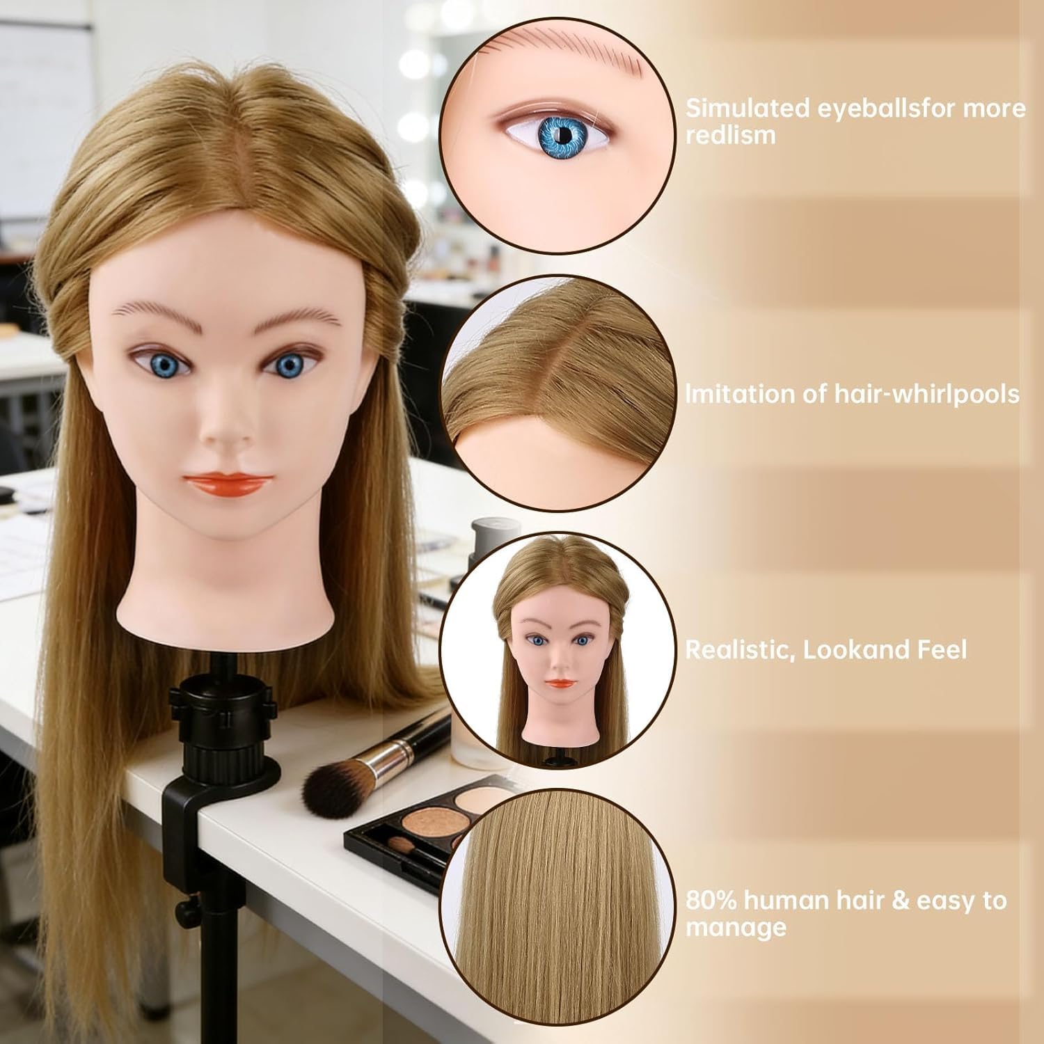 TopDirect Friseur Übungskopf 66 cm, 80% Echthaar-Mix, Haselnussbraun