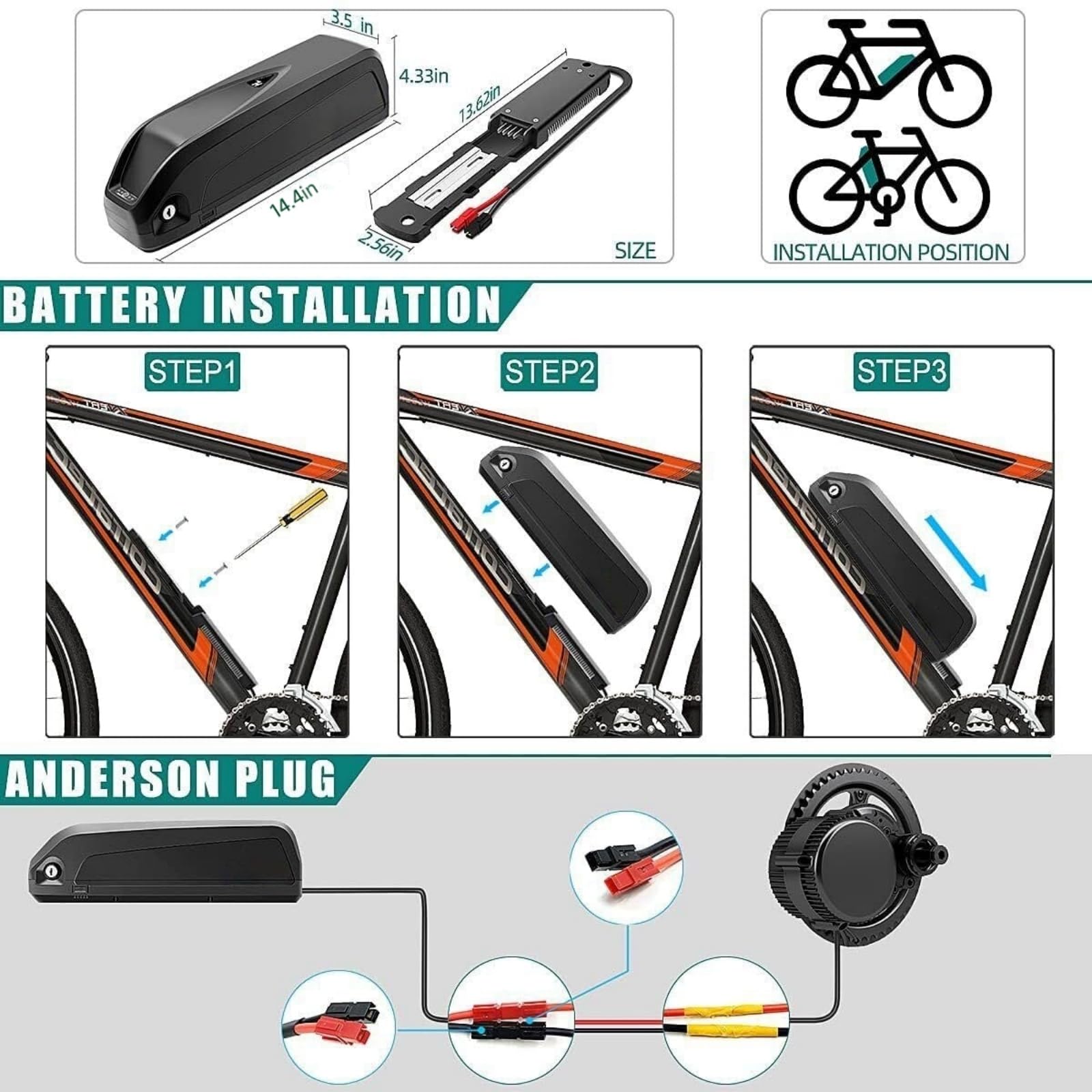 Hailong Batterie Lithium de vélo électrique 36/48V, 13Ah 15Ah 18Ah 20Ah, Moteurs 250–1500W, connecteur 4 Broches, Compatible Mifa/Prophete/Tianneng & Kits Moteur Central/arrière. (48V13Ah)