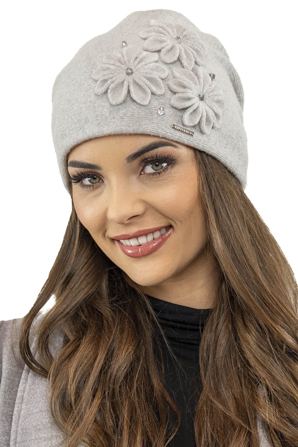 VIVISENCE Bonnet Femme Automne Hiver en Laine Élégant Et À La Mode Protection Contre Le Froid Applications Florales Ajustement Parfait Idéal Et comme Idée Cadeau 7053, Gris Clair,Taille Unique
