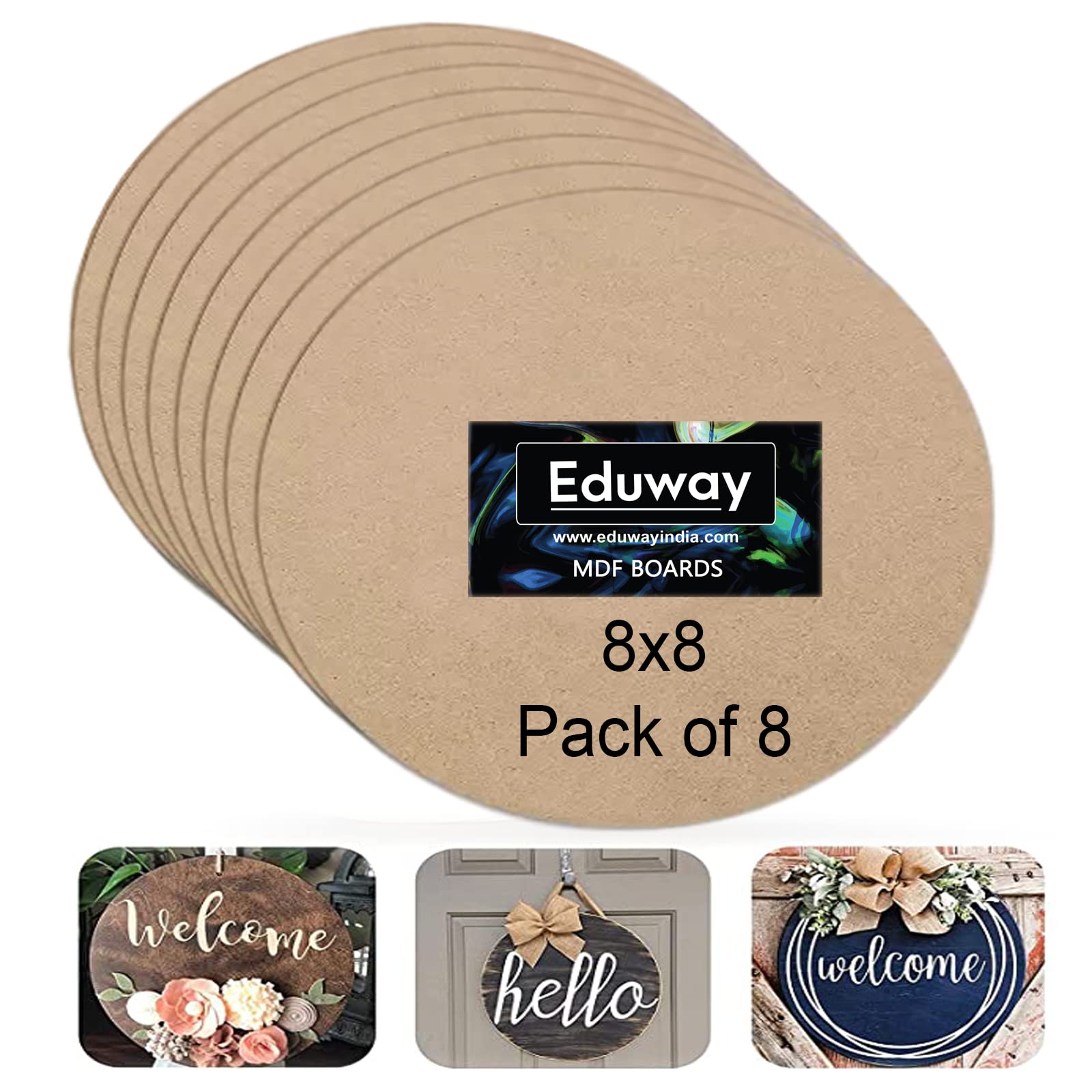 Eduway Hoja redonda de tablero MDF de 8 pulgadas (paquete de 8) para arte y manualidades, rodajas de madera redondas sin terminar de 4 mm para pintura de resina, manualidades, arte, pirografía,