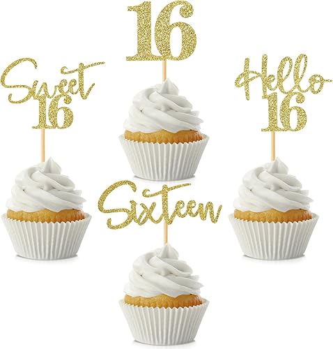 48 piezas de decoración para cupcakes de 16 cumpleaños con purpurina Sweet 16 Hello 16, decoración de pastel de dieciséis años para niños y niñas,
