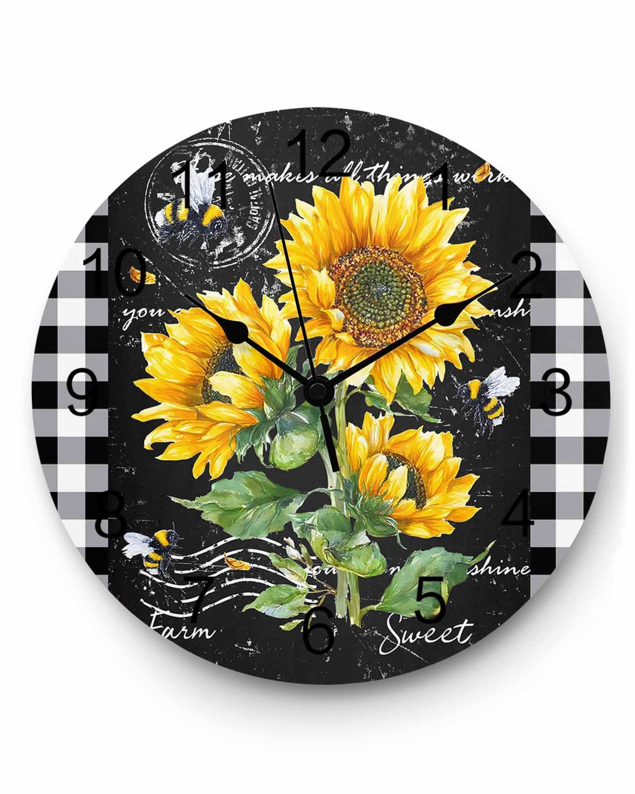 Ensound Wall Clock Sunflower Clocks Wooden Silent Non-Ticking Battery Operated Decorative Farm Bee Black Buffalo Plaid Round Clock for Home Living Room Kitchen Bedroom Office School 12 Inch