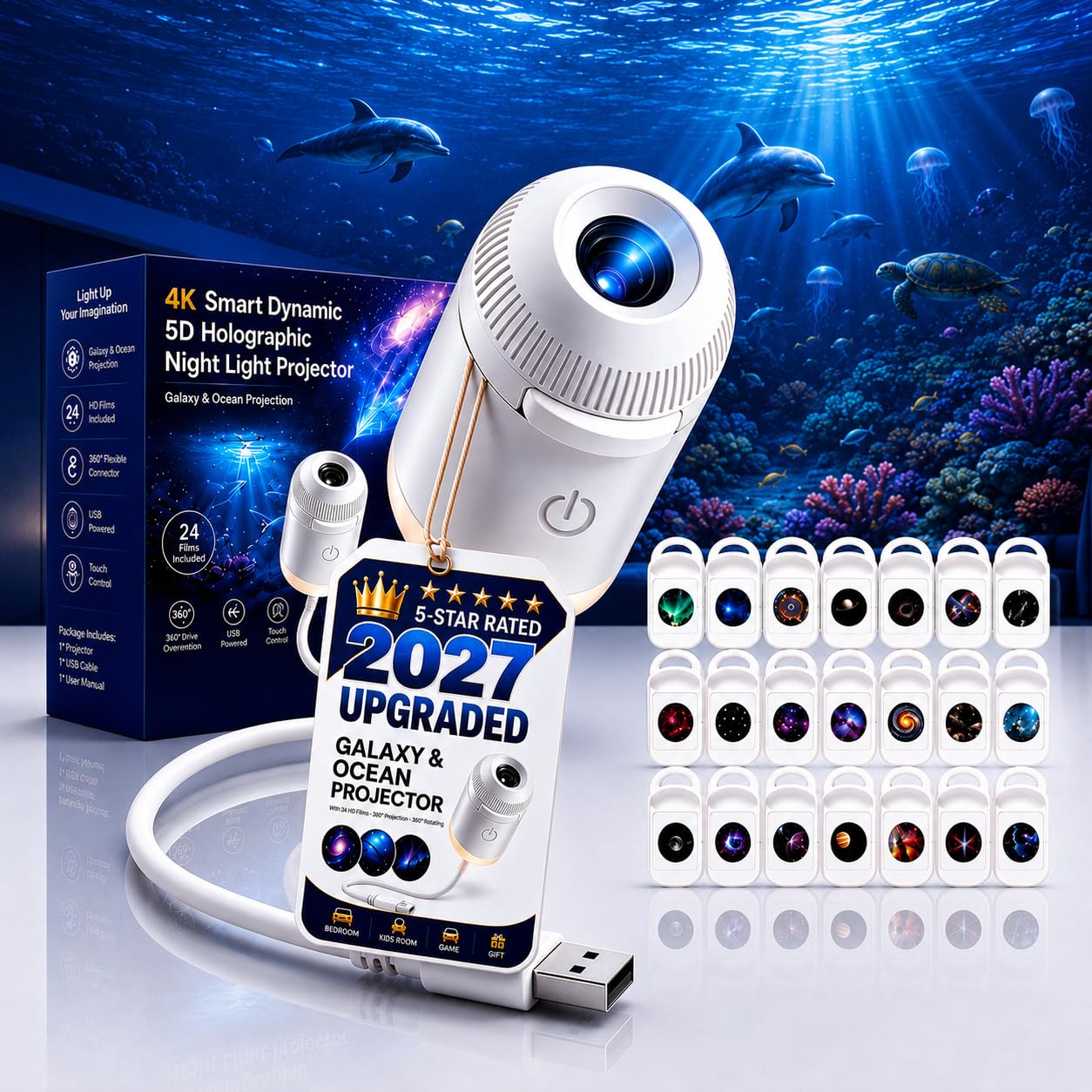 Ocean, Galaxy Projector Night Light, 2027 New Ultra HD Holographic Night Light Projectors, Plug and Play Ceiling Projector, USB Portable, 360° Adjustable Ocean for Bedroom (Upgrad 24 Films)