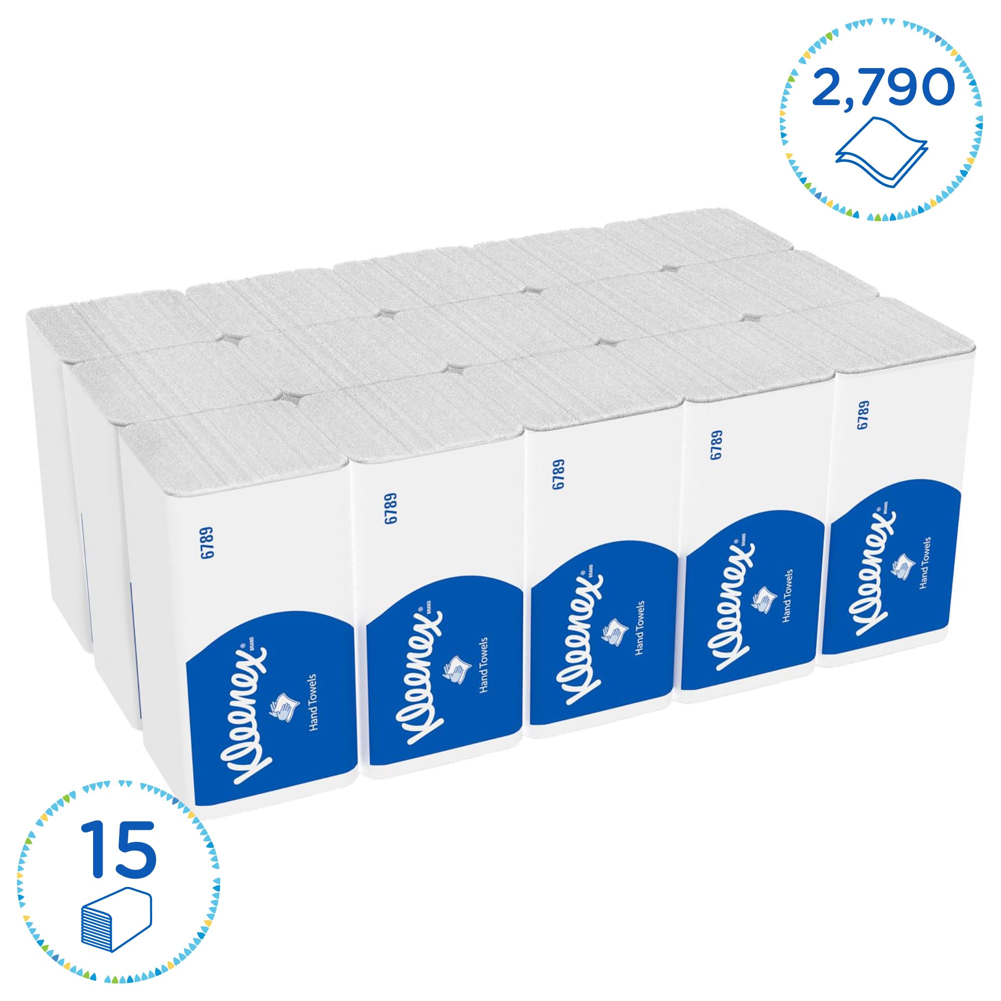 Kleenex Essuie-Mains Interfoliés 6789, 2 Plis, Blancs, Ultra-Absorbants & Doux – Technologie Airflex®, Pliage en V, Certifiés FSC & Écolabel Européen, 15 Paquets x 186 Feuilles (2 790 au Total)