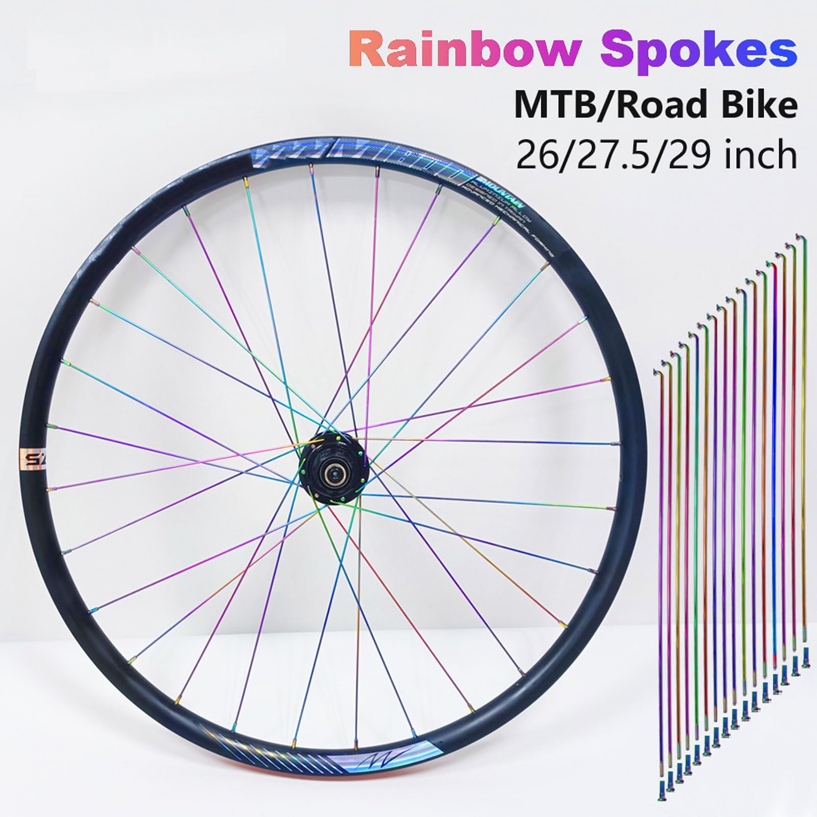 YLME 14G Fahrrad Speichen, 36 Stück Galvanisierte Regenbogen-Fahrradspeichen, Fahrradspeichen Aus 304Er Edelstahl Mit Nippeln Für 26", 27,5", 29" Räder MTB Und Rennräder