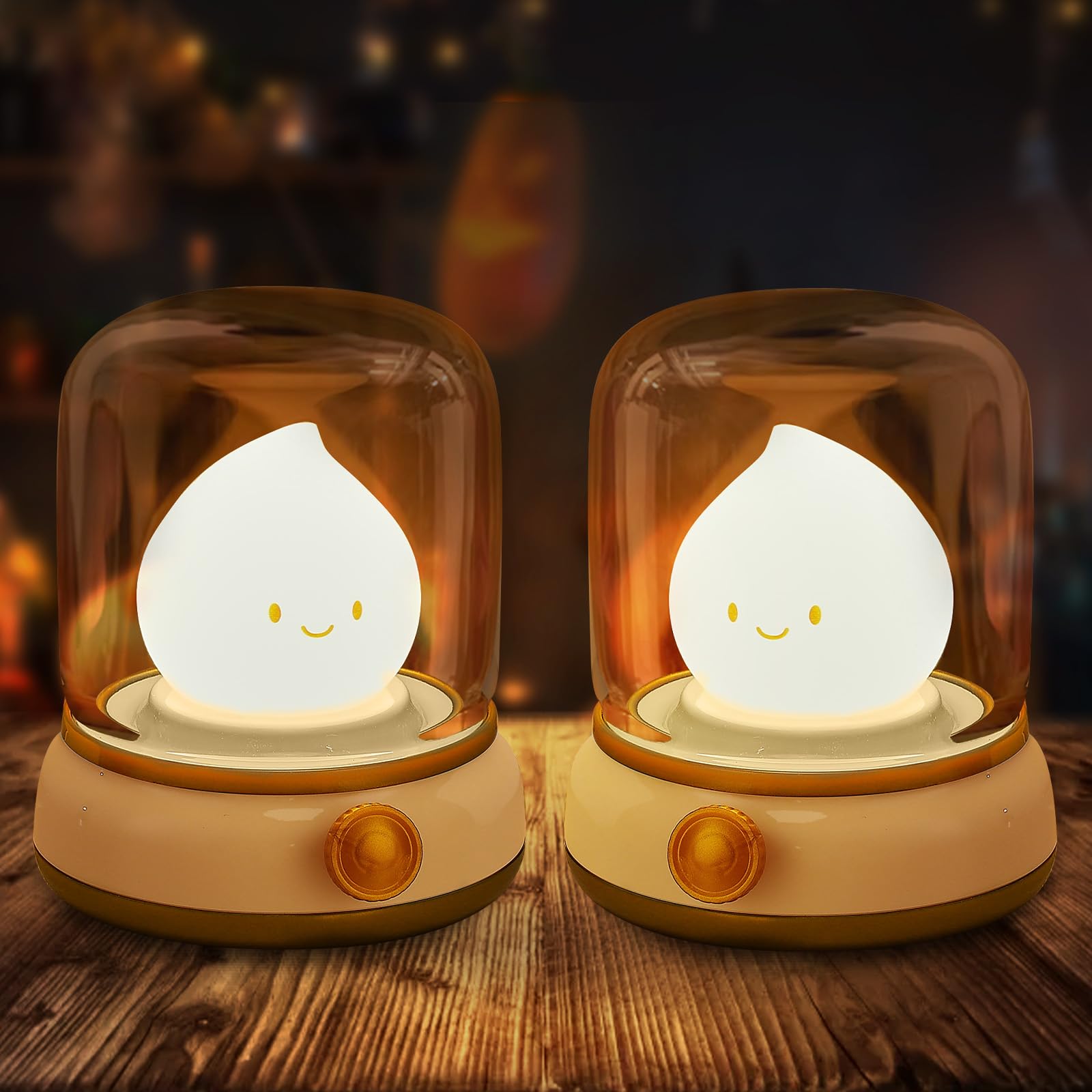 VoMii 2Pack Ghost Campfire Night Light, Small Cute Kerosene Bedside Lamp, 2 Modes Dimmable Warm Night Lamp with Timer, Rechargeable Battery Night Light, Yellow Yellow โ image 1