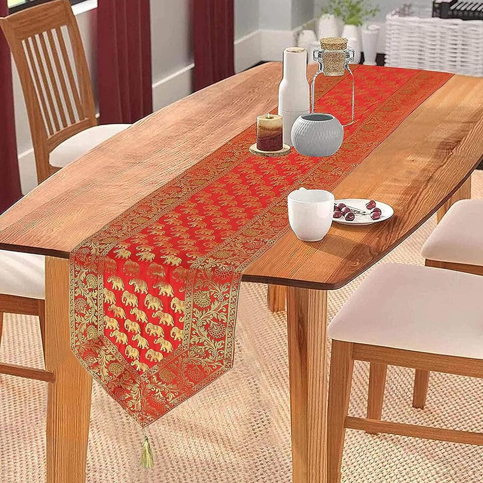 Image of Indian Traditional Decorative Silk Table Runner Kitchen Dining Good Luck Table Cloth for Wedding Bridal Birthday Party Decorations - 72 x 14 Inches (Read Small Elephant)