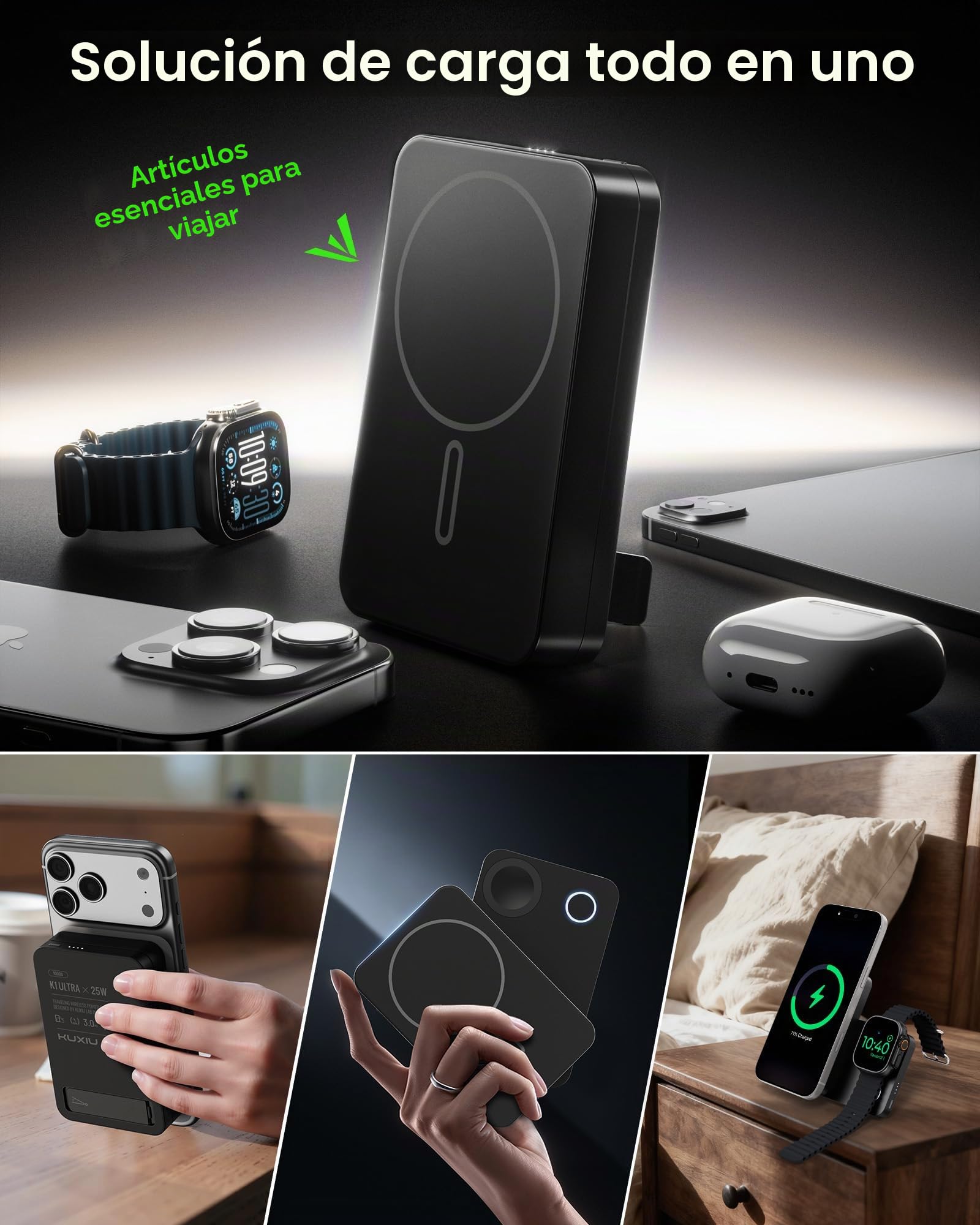 KU XIU Qi2.2 25W Magnético Power Bank 10000mAh para iPhone y Apple Watch | 3-in-1 Bateria Externa con Soporte, Compatible con Magsafe, 30W USB-C Carga Rapida, para iPhone & iWatch & Airpods, Negro