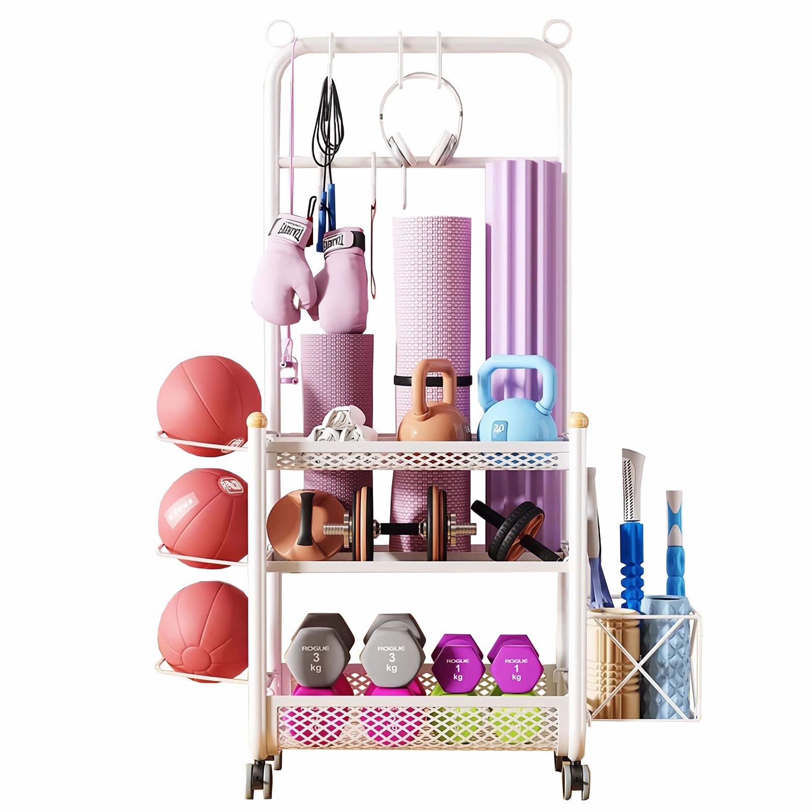 Support de rangement pour tapis de yoga à 3 niveaux en acier avec chariot pour support de poids