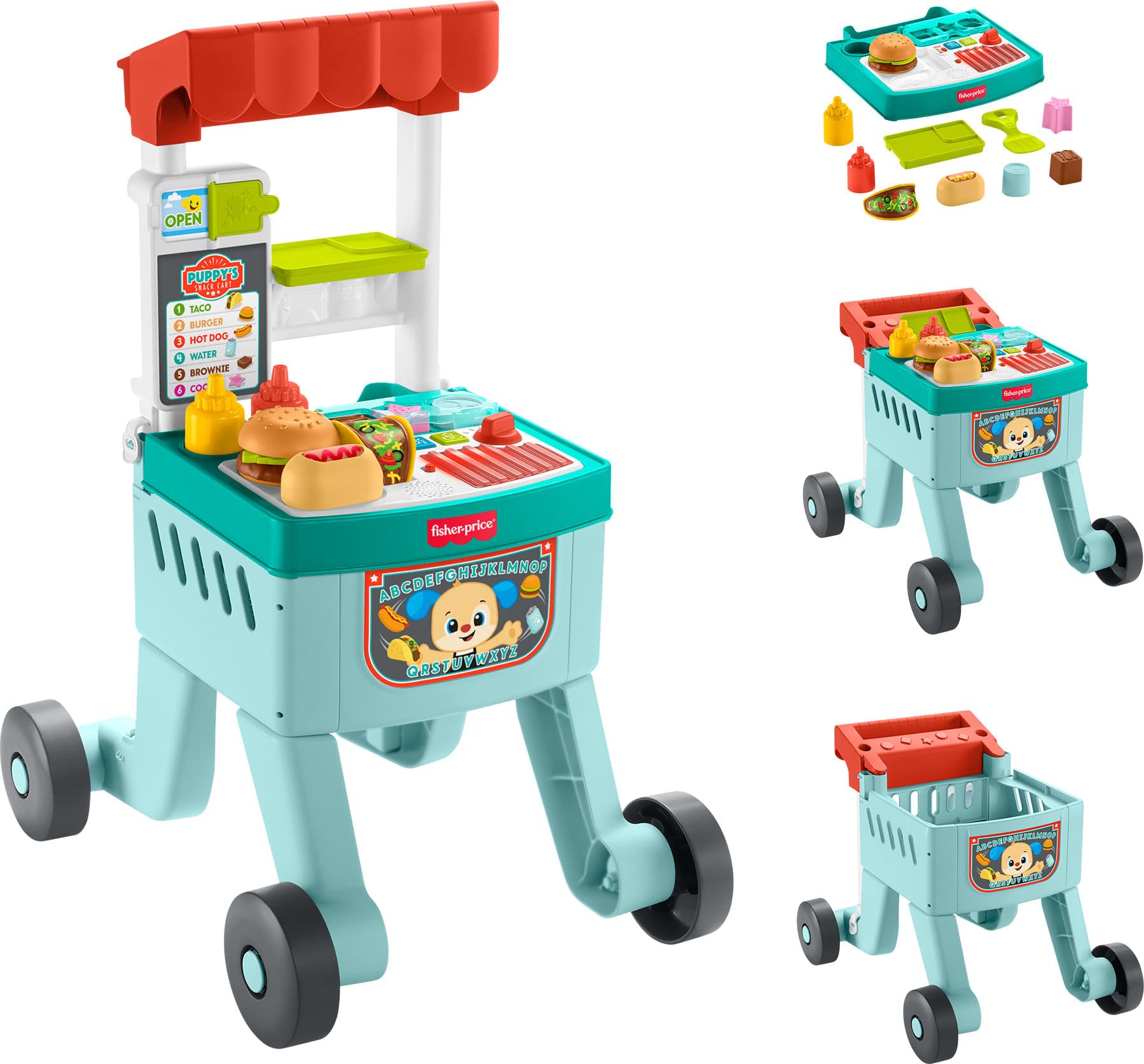 Fisher-Price Baby Push Toy 4-in-1 Snack Cart Walker Learning Activity, 14 Pieces for Pretend Play Infants Ages 6+ Months, Multilanguage Version