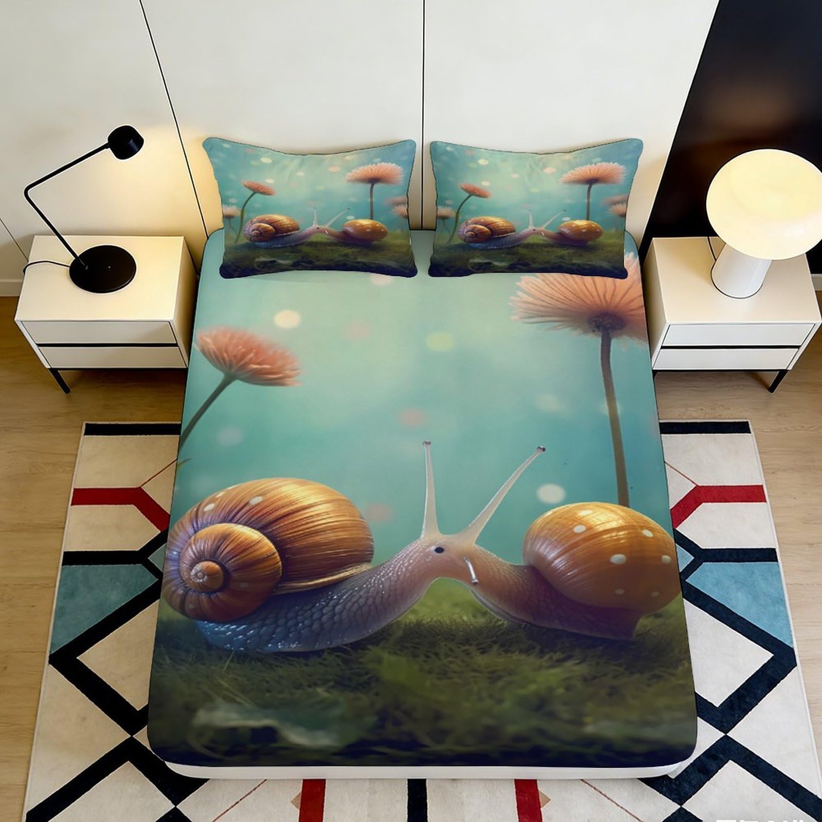 3D Printed Snail Pattern Fitted Sheet Microfiber Deep Pocket Bedroom Bedding Snail Mattress Fitted Cover Non-Slip for Adults Teens 140x200x25cm