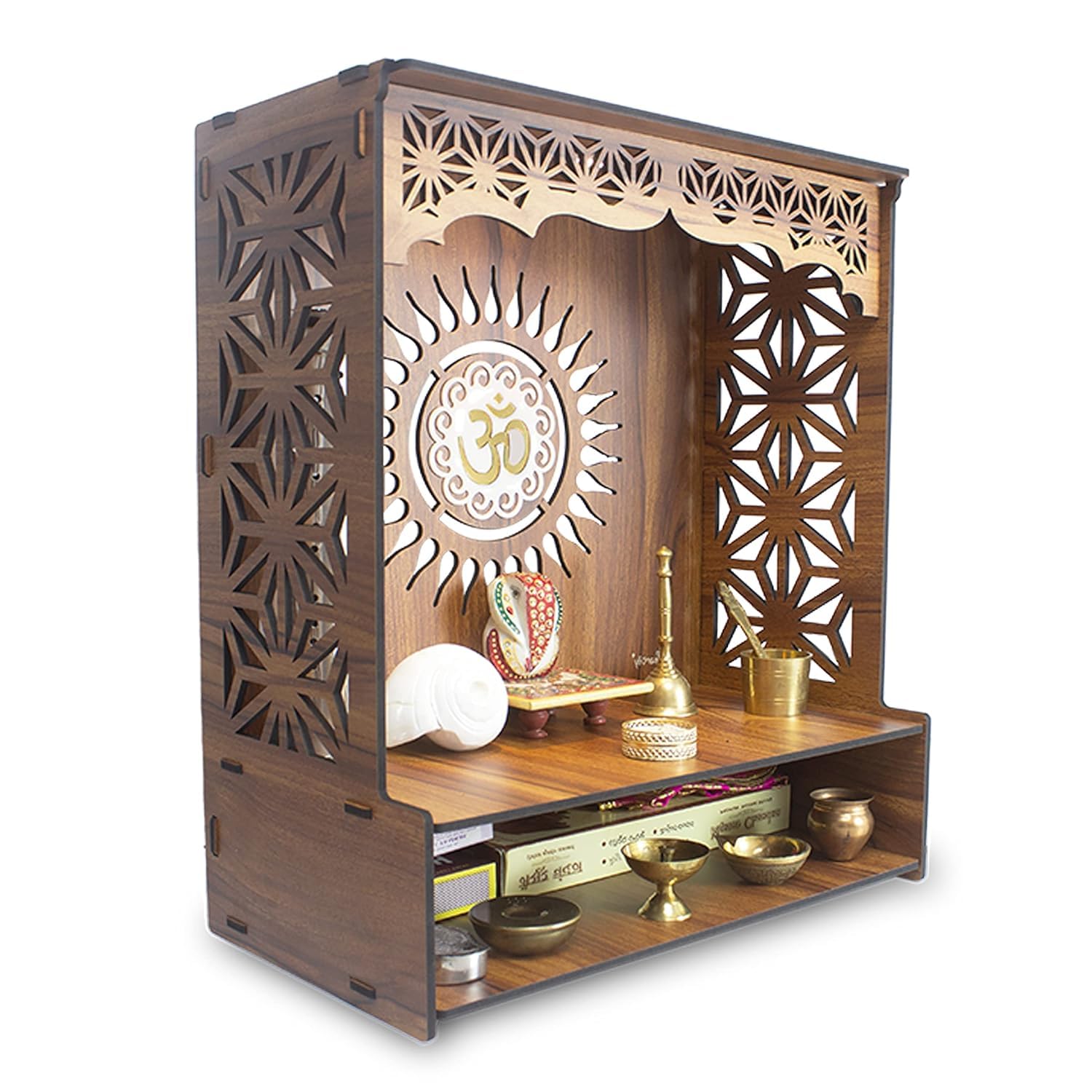 FOXIT Mangal Beautiful Wooden Pooja Stand for Home Pooja Mandir for Home Temple for Home and Office Puja Mandir for Home Wall Mounted with LED Spot Light Size (H- 18, L- 16, W-8.75 Inch) T3