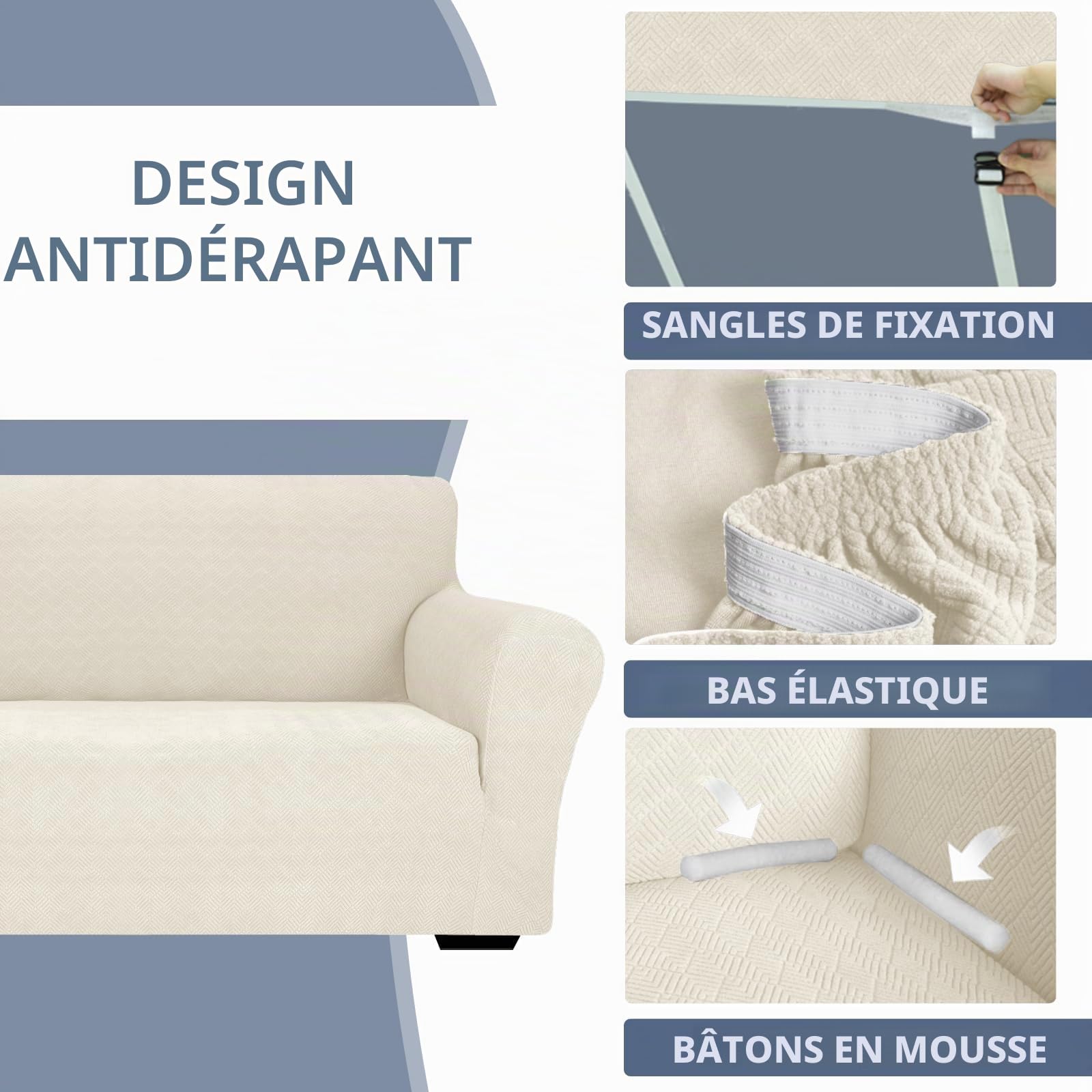 Ystyle Extensible Housse Canapé 3 Places avec Accoudoirs, Crema | Universelle Housse De Canapé, Housse Protection Canapém, Sofa Cover Antidérapante, Couvre Canapé Pour Chiens Chats Animaux