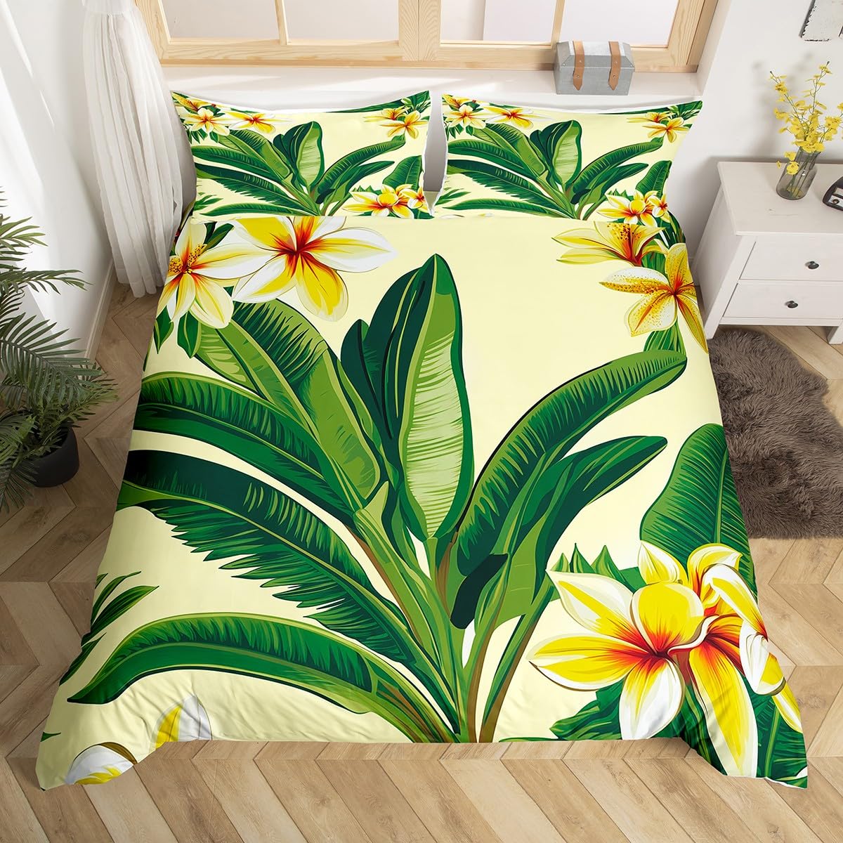 Leaves Duvet Cover Queen Size,Tropical Theme Plants Floral Bedding,Jungle Banana Leaves Comforter Cover Set Botanical Quilt Cover Red Yellow Flower