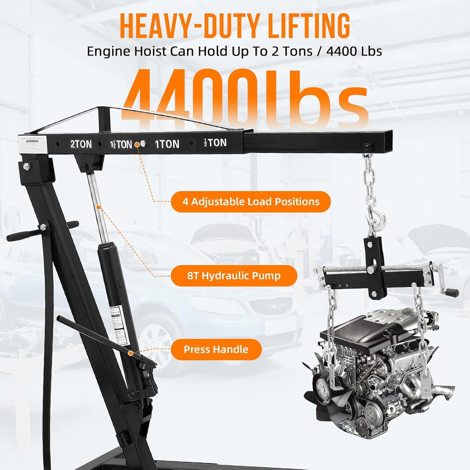 2 Ton Foldable Hydraulic Cherry Picker, Engine Hoist with 6 Wheels and Telescopic Boom, 4400 Lbs Capacity Mobile Shop Crane Lift, Heavy-Duty Steel Frame for DIY Workshops Garage Auto Repair, Black