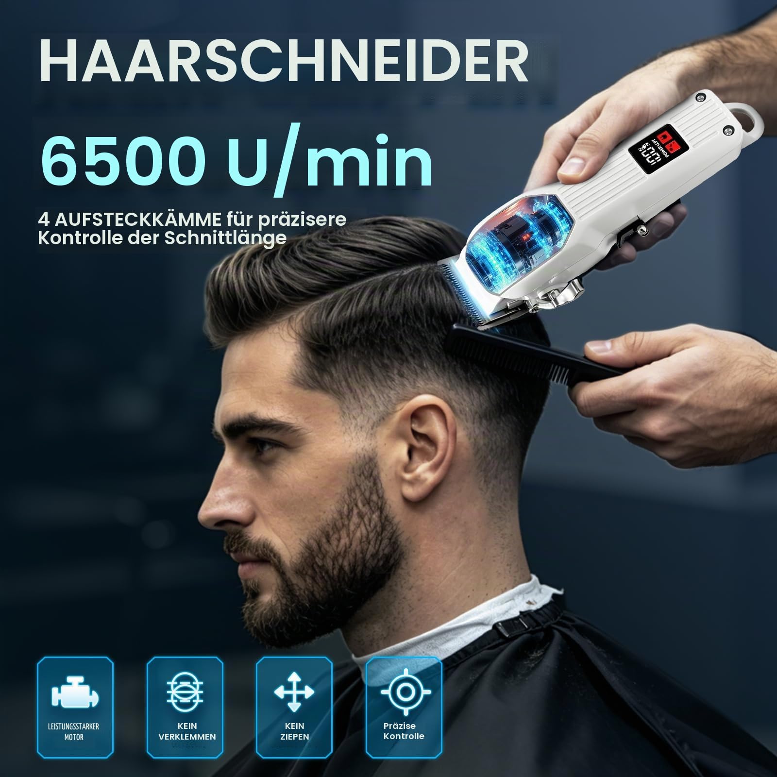 Professionelle Haarschneidemaschine für Männer, Kabellose Haarschneidemaschine Set, Wiederaufladbarer Bartschneider, Elektrorasierer, LCD-Display, 8 Führungskämme, komplettes Barber Kit