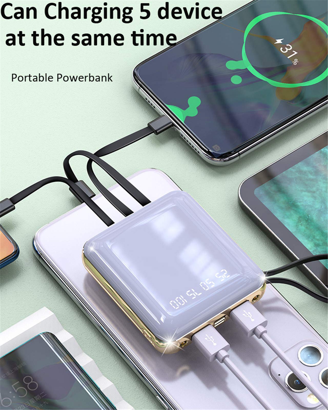 Mini Power Bank, 20000Mah Specchio Schermo LED Display Poverbank Caricabatteria Esterna Portatile Powerbank,Viola