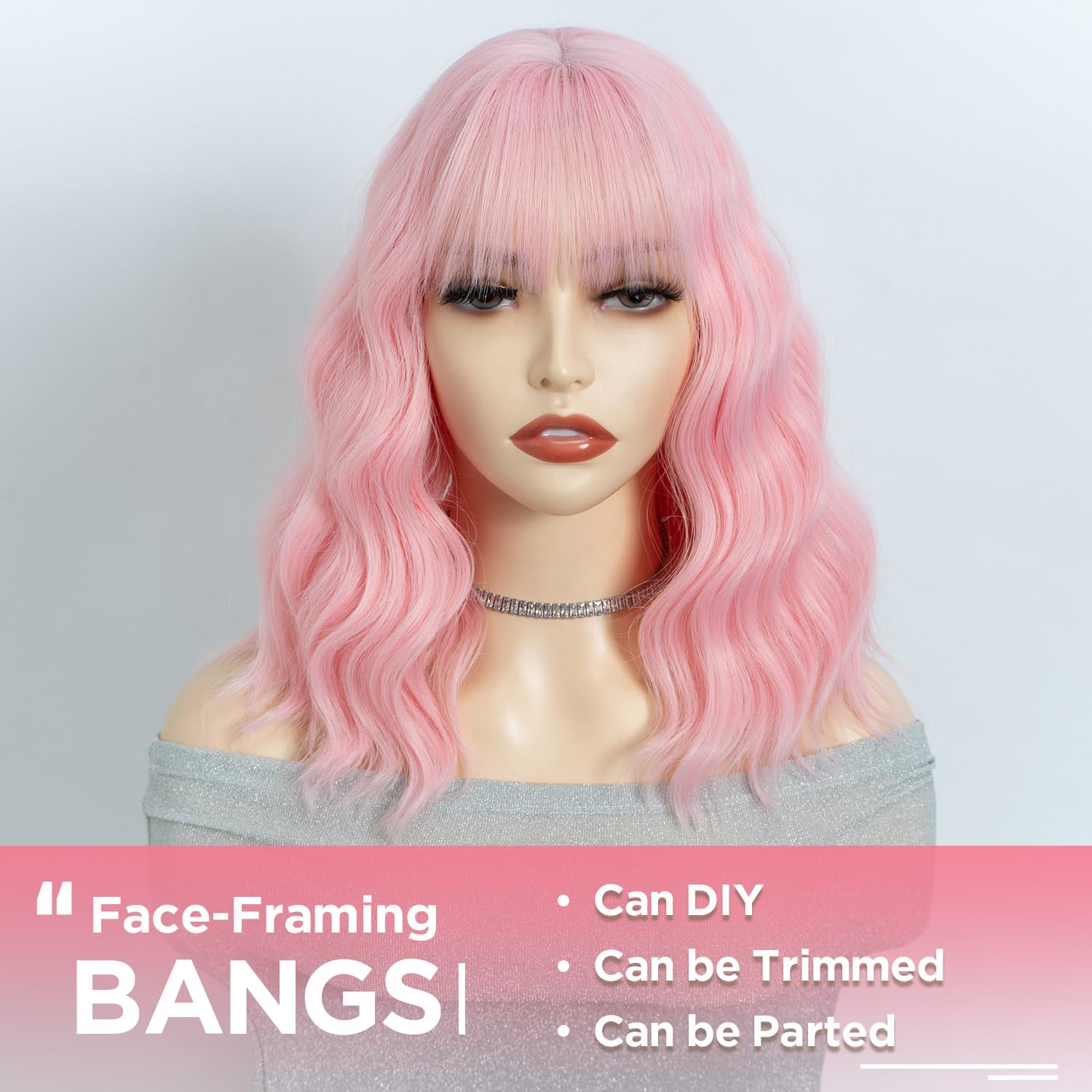 NOBLE Pink Wig Bob Wig with Bangs Short Loose Wavy Wigs for Women Shoulder Length Heat Resistant Synthetic Hair Bob Wavy Colored Wigs for Halloween Cosplay 12 Inches - Image 3