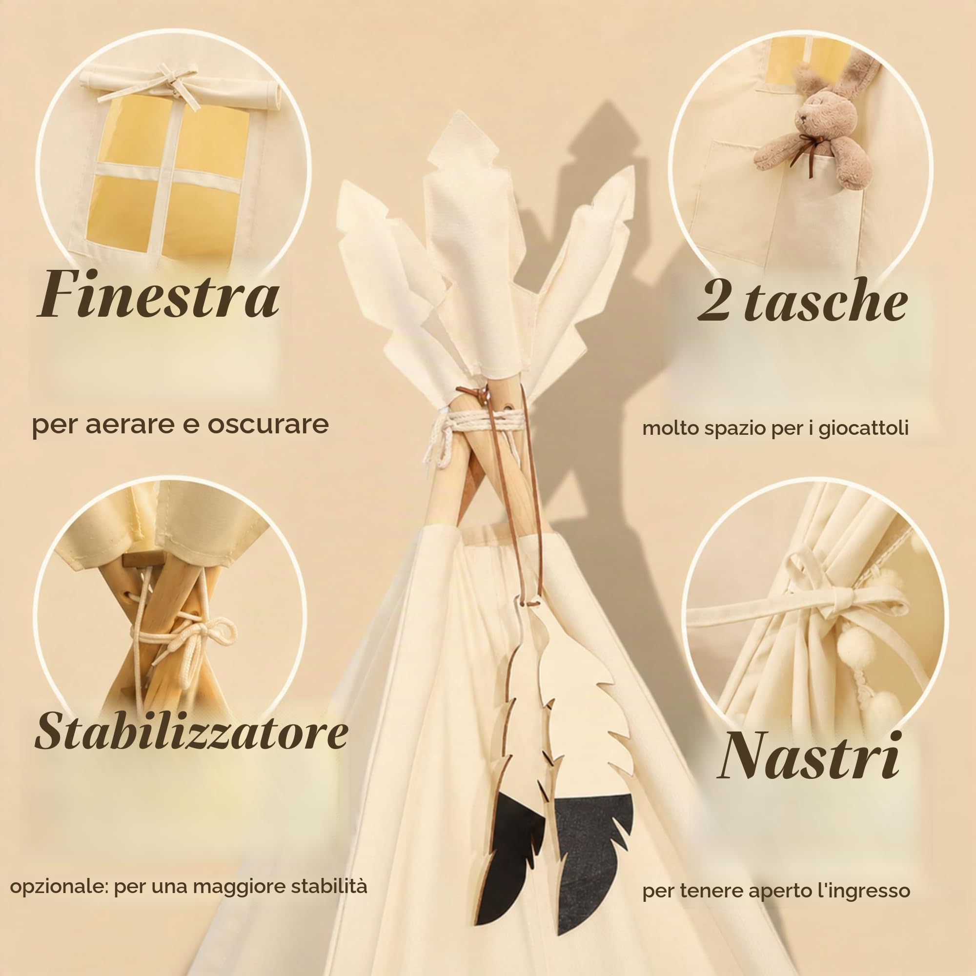 LIONHERZ® Tipi Tenda per Bambini in 100% Cotone Con Tappetino, Borsa e Gioielli in Piuma - Teepee da Gioco Stabile per Interni ed Esterni