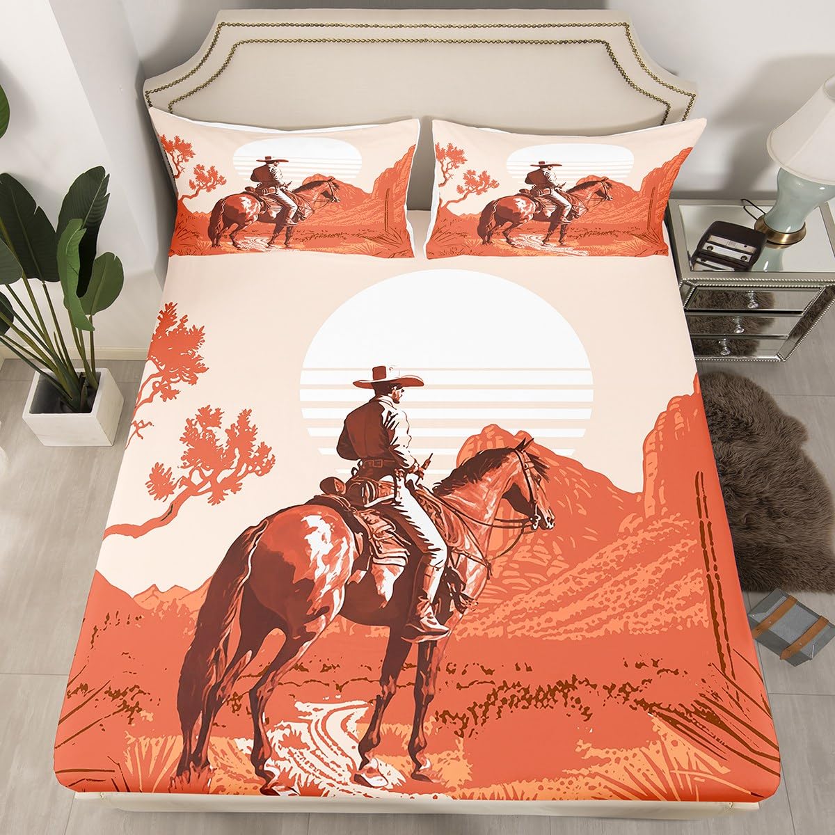 Western Fitted Sheet King Size, Cowboy Horse Bed Cover with 2 Pillowcases, Vintage Sunset American West Bedding Set 3pcs for Kids Boys Adult Room Decor, Soft Polyester Bedding — image 1