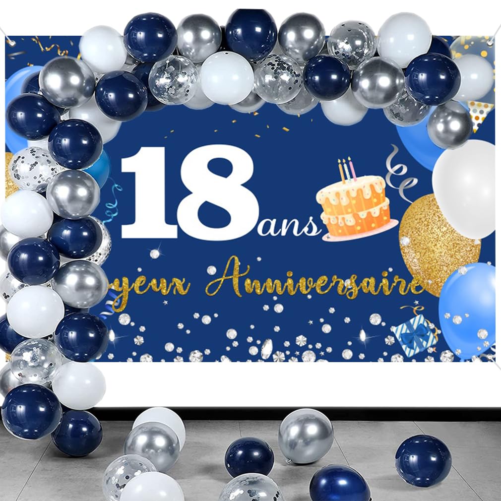 Déco Anniversaire 18 Ans Garçon DPKOW - Bannière, Ballons, Confetti Bleu Argenté - Kit Complet Fête