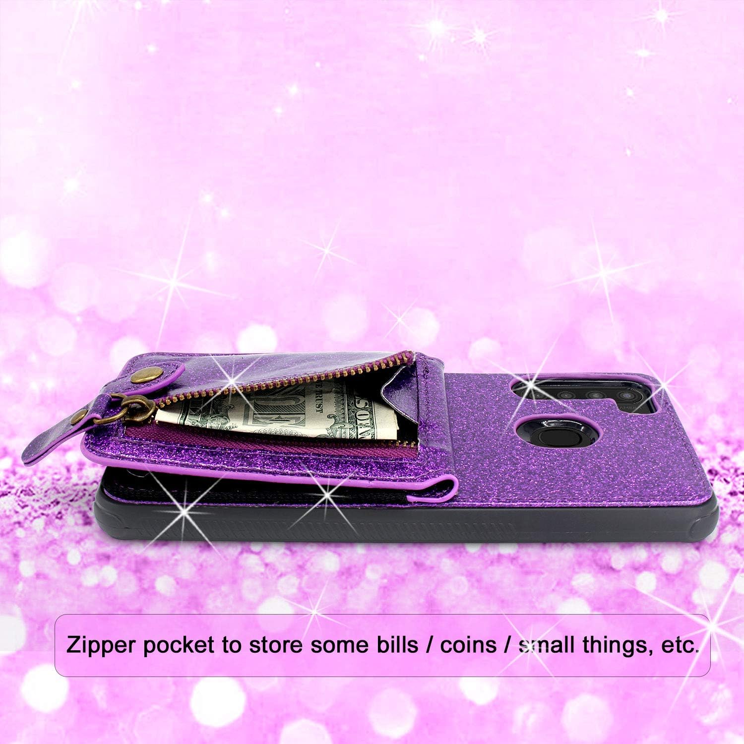 Harryshell Shockproof Leather Zipper Wallet Case with Zip & Card Slot Holder Kickstand Magnetic Closure Cover for Samsung Galaxy A21 (Bling Purple)