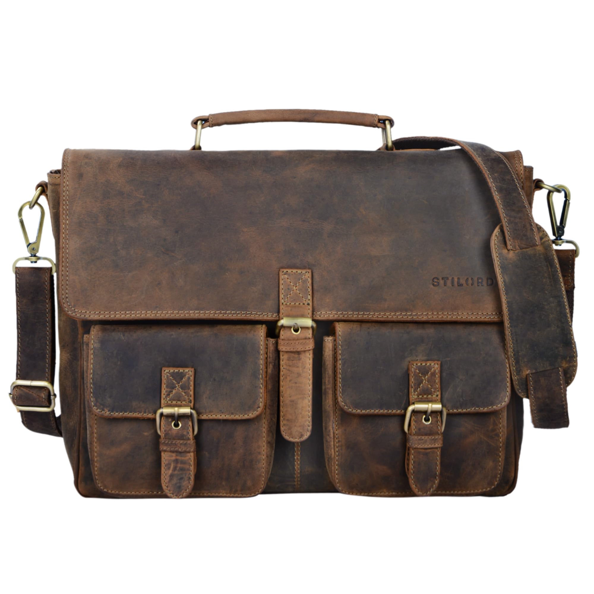 STILORD Victor Maletín Cuero portátil 15.6 Pulgadas Bolso Mensajero Grande Bolso Negocios Bandolera Hombre y Mujer de auténtica Piel Color:Negro