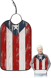 QueenKer Funny Adult Bibs for Eating, Puerto Rico Flag Patriot Vintage Wooden Board Text Waterproof Clothing Protector Washable Adult Bib with Crumb Catcher for Men Women Elderl and Seniors