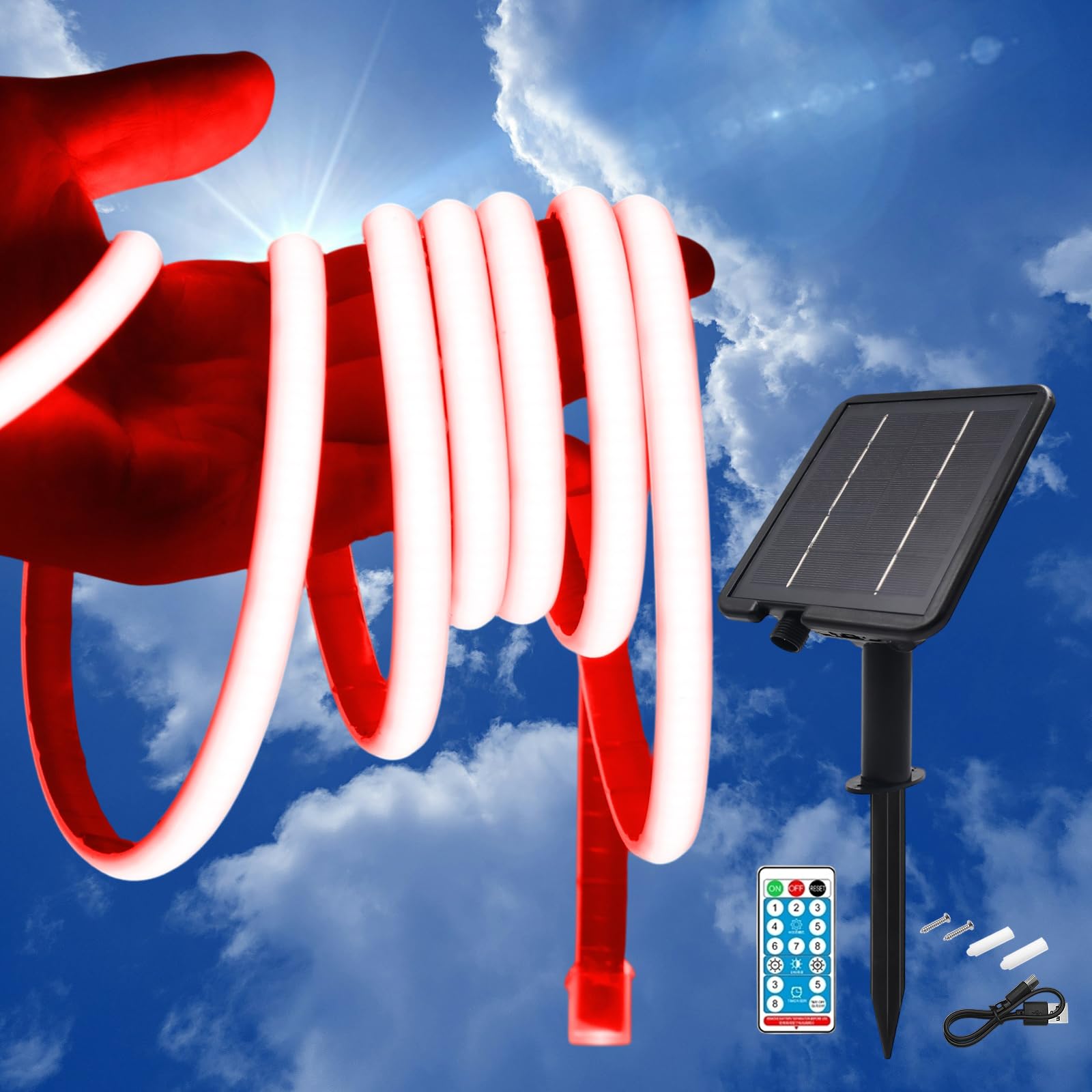 KISUFU 24V Solar LED Strip Lights Outdoor, 320 LEDs/M IP68 Waterproof Cuttable Self-Adhesive Rope Light with 2400mah 8 Modes Battery Box Remote Control for Porch Gazebo Yard Trees Garden Decor.