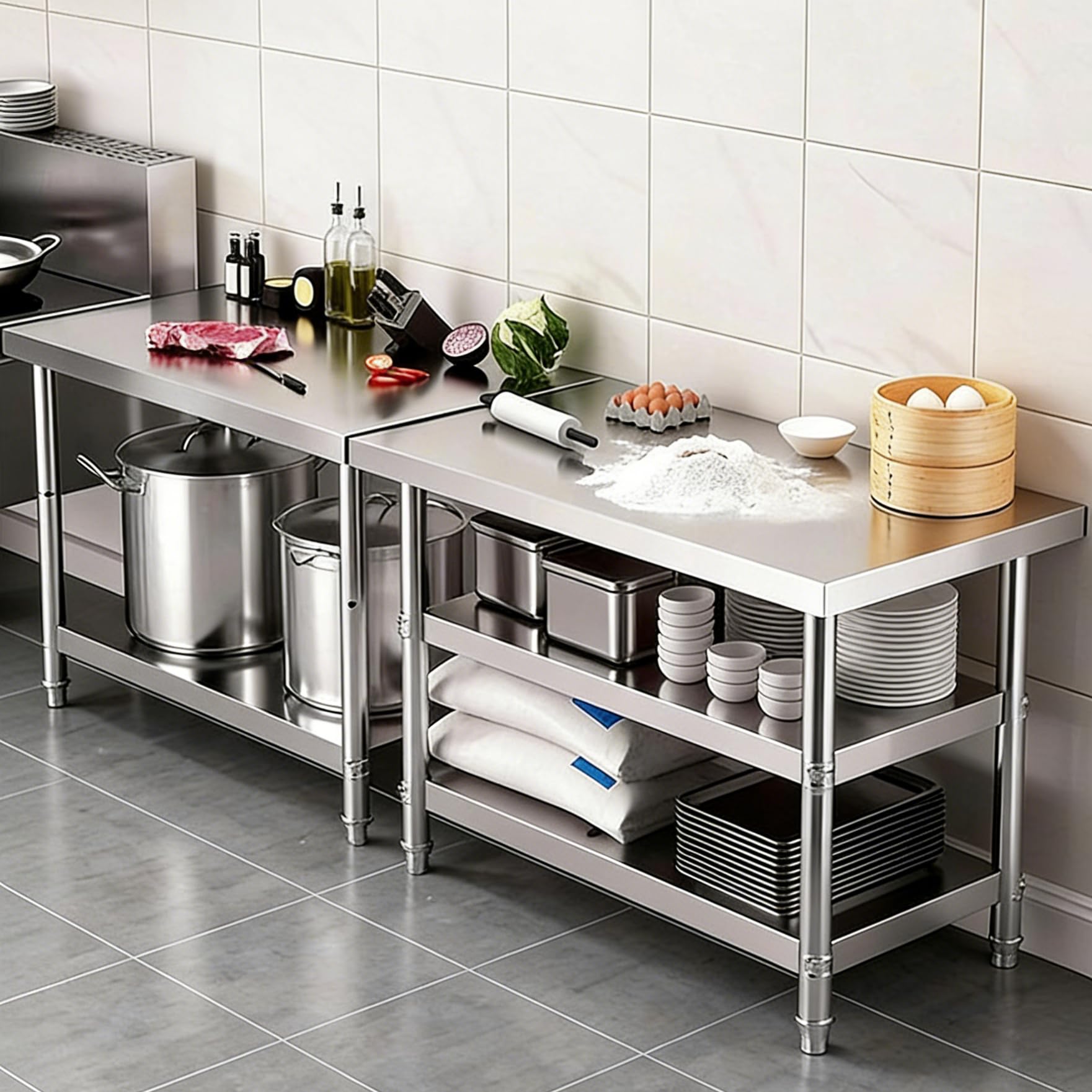 Mesa De 3 Estantes De Acero Inoxidable, Mesa De Preparación Metálica, Estantería Metálica, Banco De Trabajo, Estantería Multiusos para Restaurantes, Almacenes, Cocinas,80x40x80cm