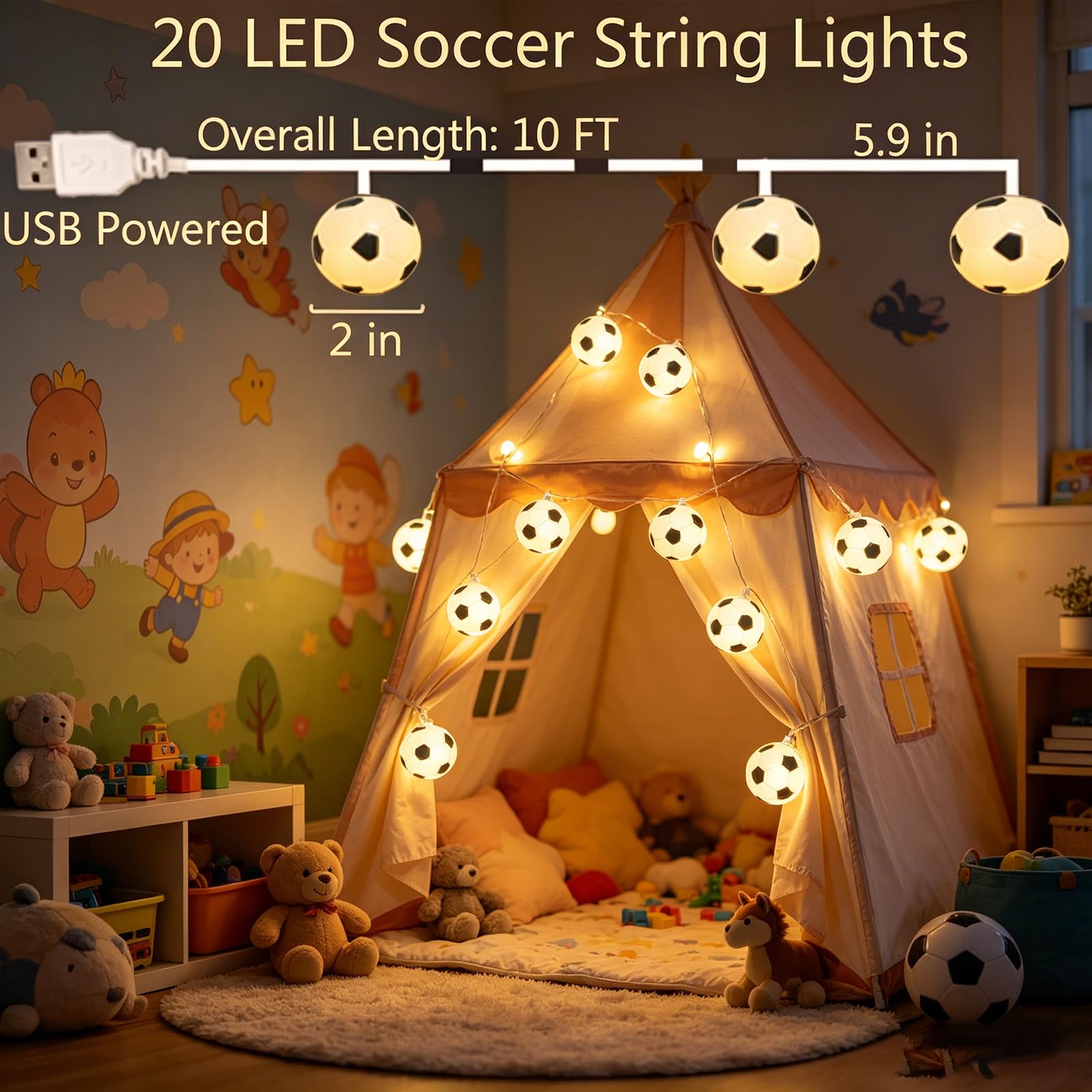 Fußball-Lichterkette, 20 LED-Kugeln, 3 m USB-betriebene Fußball-Themen-Lichterkette, warmweiß, perfekte Fußball-Dekorationen für Sportfans, dekorative Beleuchtung für den Innenbereich