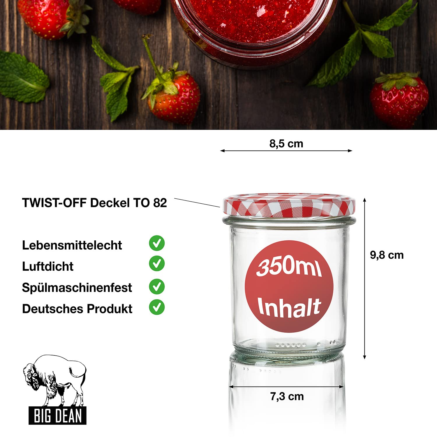 BigDean 108 Sturzgläser 350ml Einmachgläser Schraubgläser TO82 mit Deckel | Einweckgläser Marmeladengläser mit Schraub-Deckel TO 82 - Rot kariert - Made in Germany