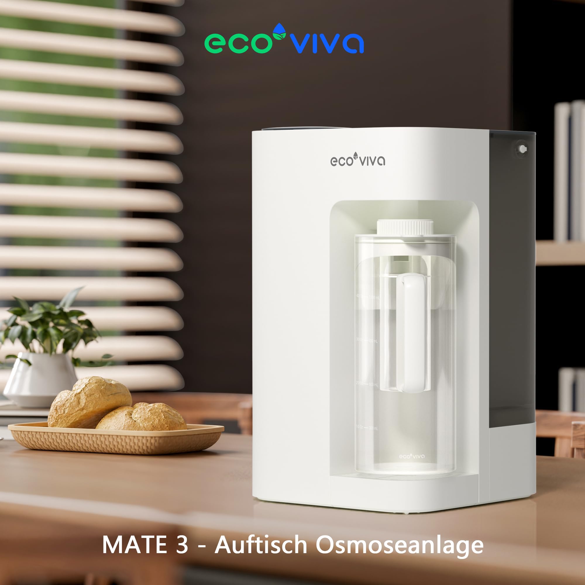 Ecoviva MATE 3 Contenitore per Acqua in Vetro, Rifornimento Automatico a Sensori, Capienza 1200mL, Vetro Borosilicato BPA Free, Compatibile con Filtro Remineralizzante