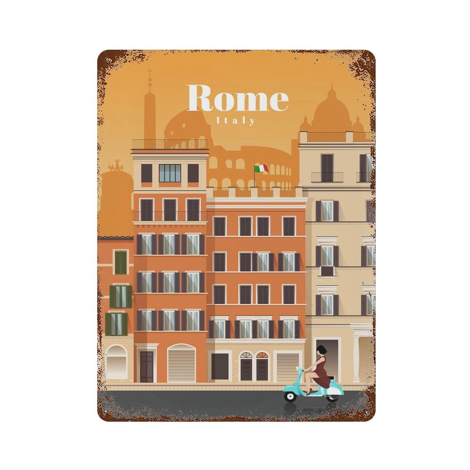 Travel to Rome 15.7"x11.8" Rustic Tin Plaque, Industrial Home Decor for Farmhouse, Kitchen And Entryway Decor