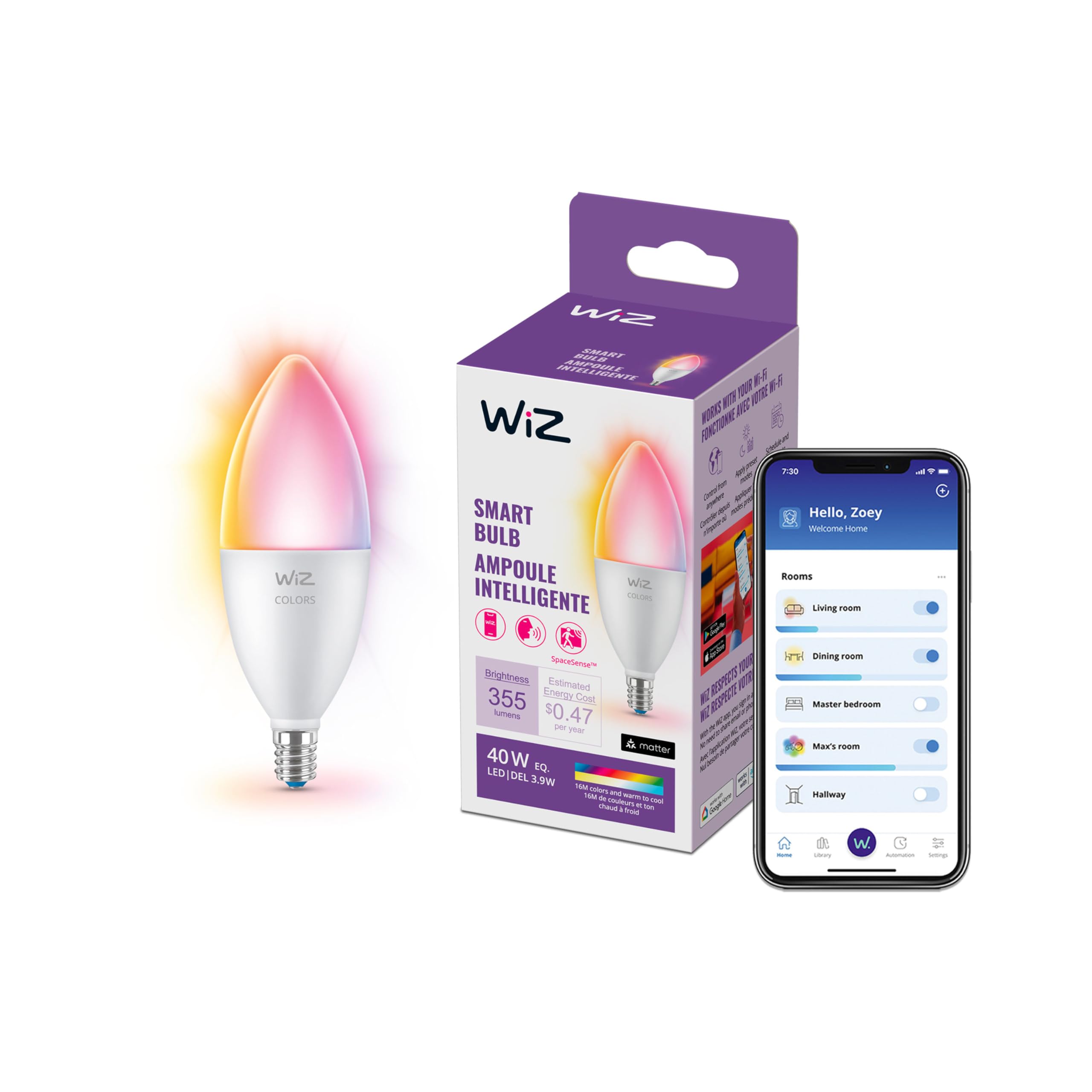 60W B12 Color LED Smart Candle-Shaped Bulb - Pack of 1 - E26, Indoor - Connects to Your Existing Wi-Fi - Control with Voice or App + Activate with Motion - Matter Compatible