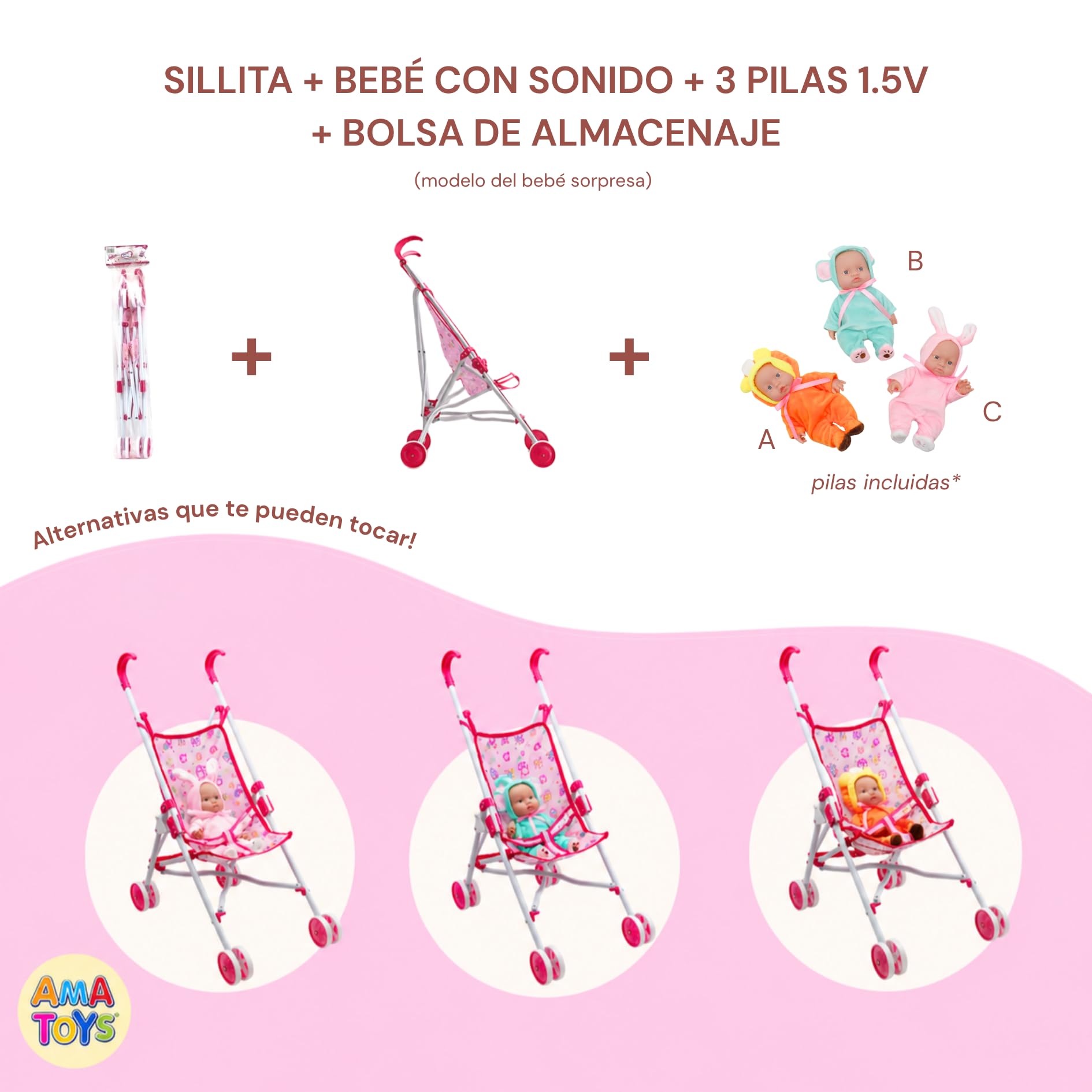 Sillita de Paseo para Muñecas - AMATOYS - Carrito Juguete Plegable - Pack 2 en 1 con Bebé Muñeco - Juego de Imitación y Paseo para Niñas y Niños (Carrito Pink_Bebe Color)