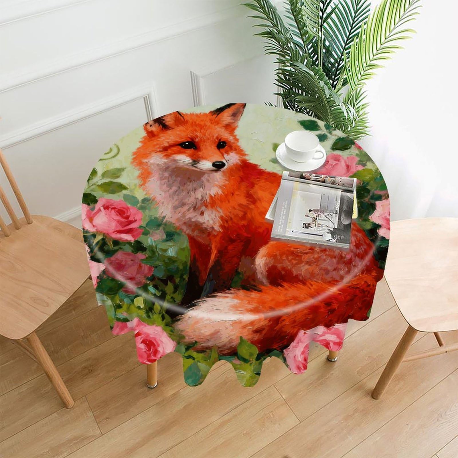 LDGSUPH Flowers and Foxes Round Tablecloth Cover Washable Luxurious Fabric Table Cover Decor Wrinkle Free Fashion Round Table Cloth for Home Dining Kitchen Party 60 in