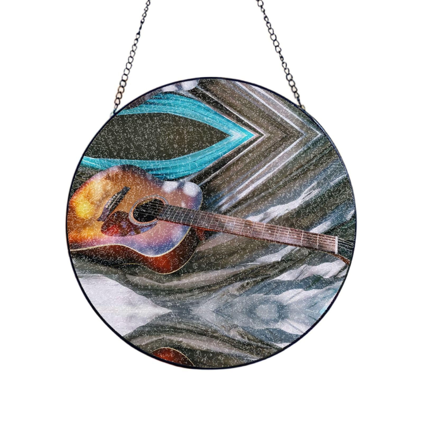 Phayah Watercolor Acoustic Guitar Print Glass Window Hanging Sun Catchers Suncatcher Decor For Birthday For Home Garden Porch 12in（30cm）