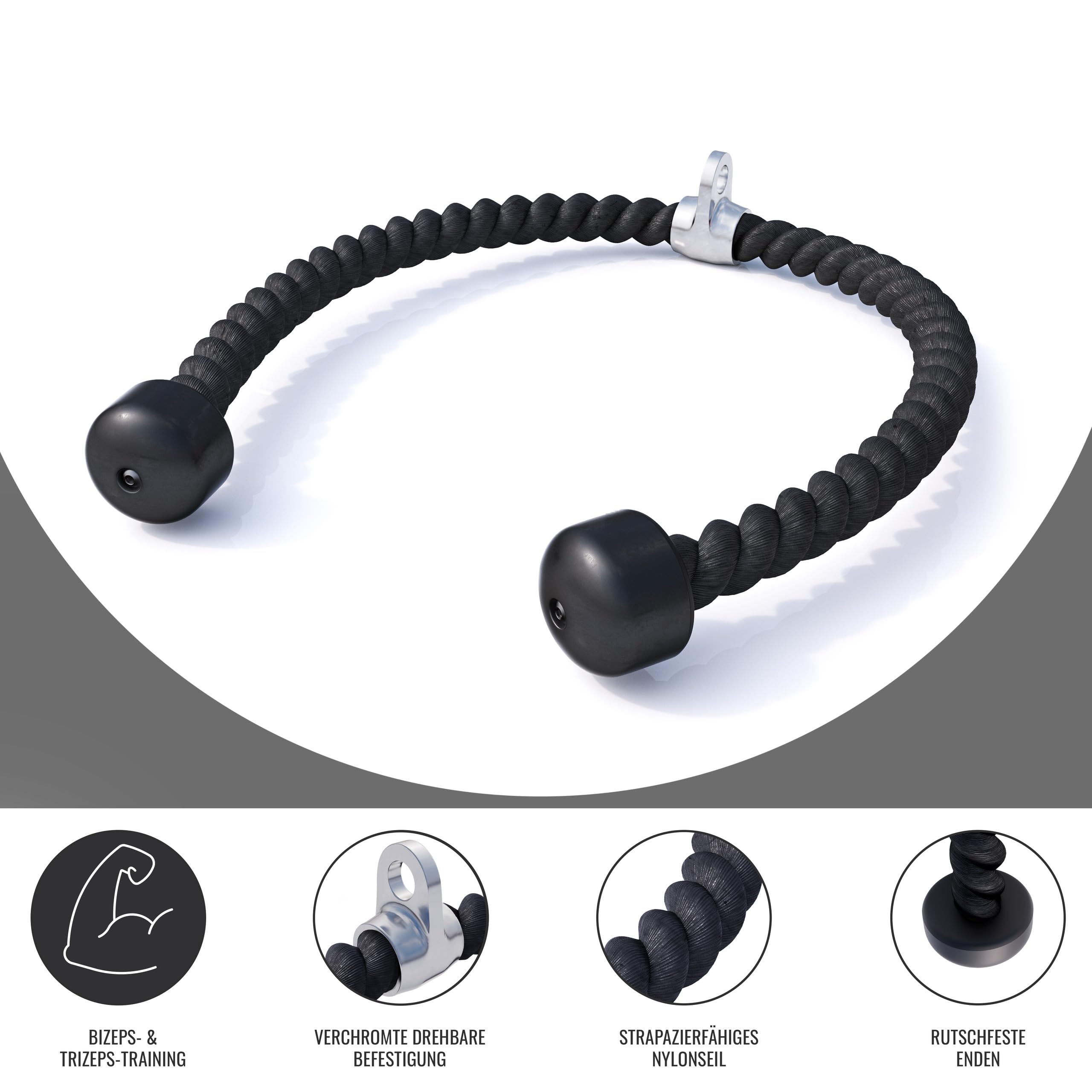 GORILLA SPORTS® Corda per Tricipiti - Lunghezza a Scelta 68 cm, 85 cm o 100 cm, in Nylon, Attacco Cromato, Antiscivolo, Nero - Corda Palestra, Pull Down, Cavi Bodybuilding, Bicipiti, Allenamento