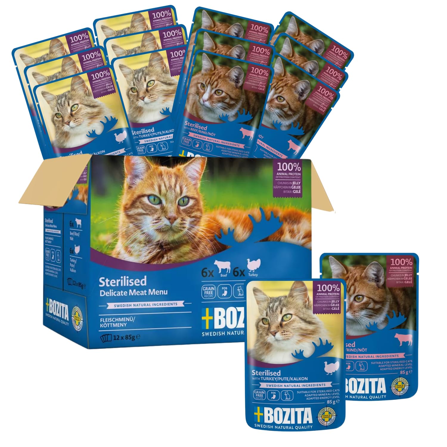 Bozita Sterilised Nassfutter Häppchen in Gelee mit Fleisch - 12x85g Portionsbeutel getreidefreies & weizenfreies Futter für Katzen - Katzen Nassfutter mit 8,5% Protein & 3,5% Fettgehalt