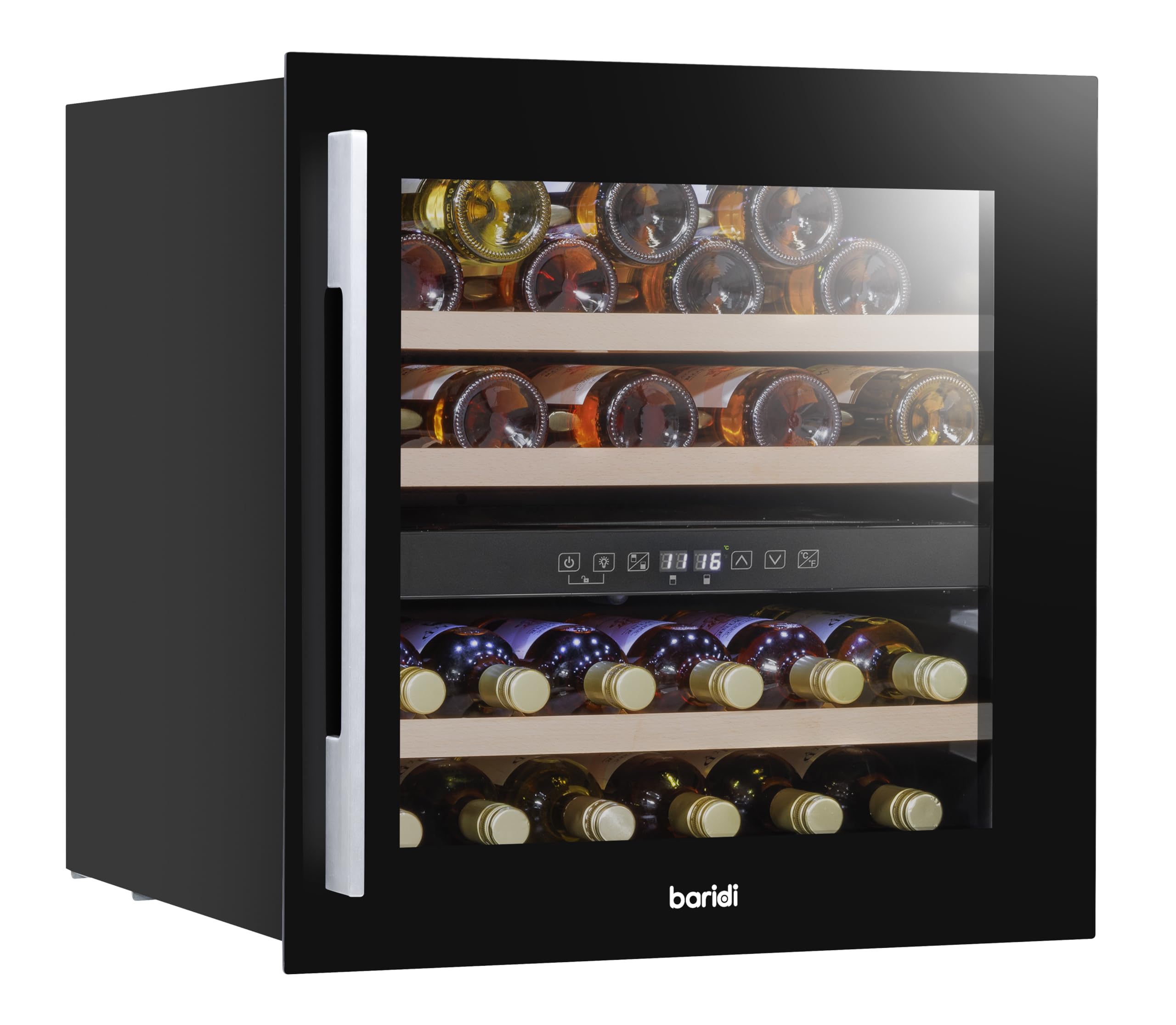 Dellonda Baridi 60cm Built-In 28 Bottle Wine Cooler with Beech Wood Shelves and Internal LED Light, Black - DH205 — view 12