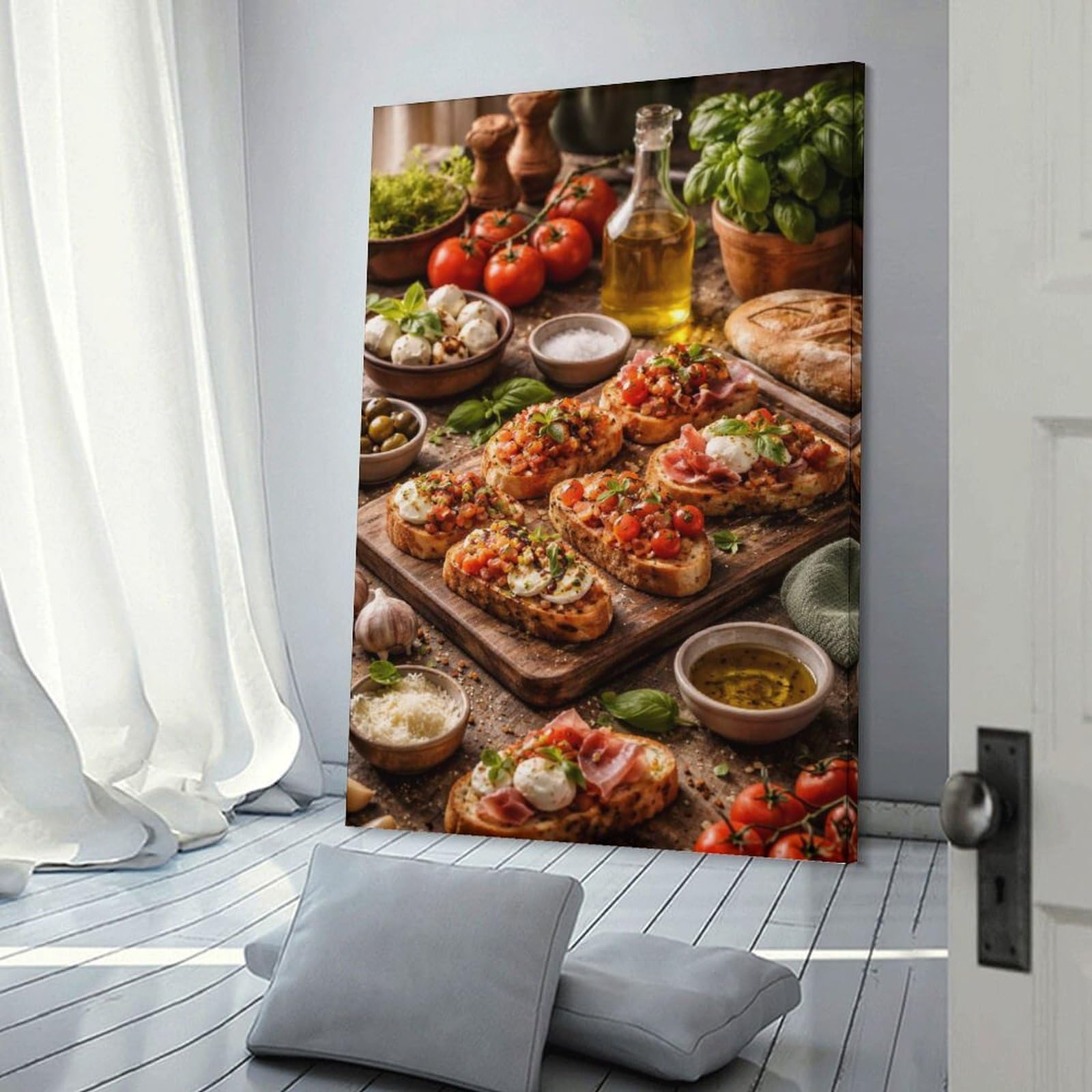 Junmoney Frame-Style-13 Italian Bruschetta With Tomatoes And Mozzarella Wall Picture Print, 24X36inch(60X90cm), For Gallery Wall Decor And Room Displays, A Versatile Canvas Print For Layering