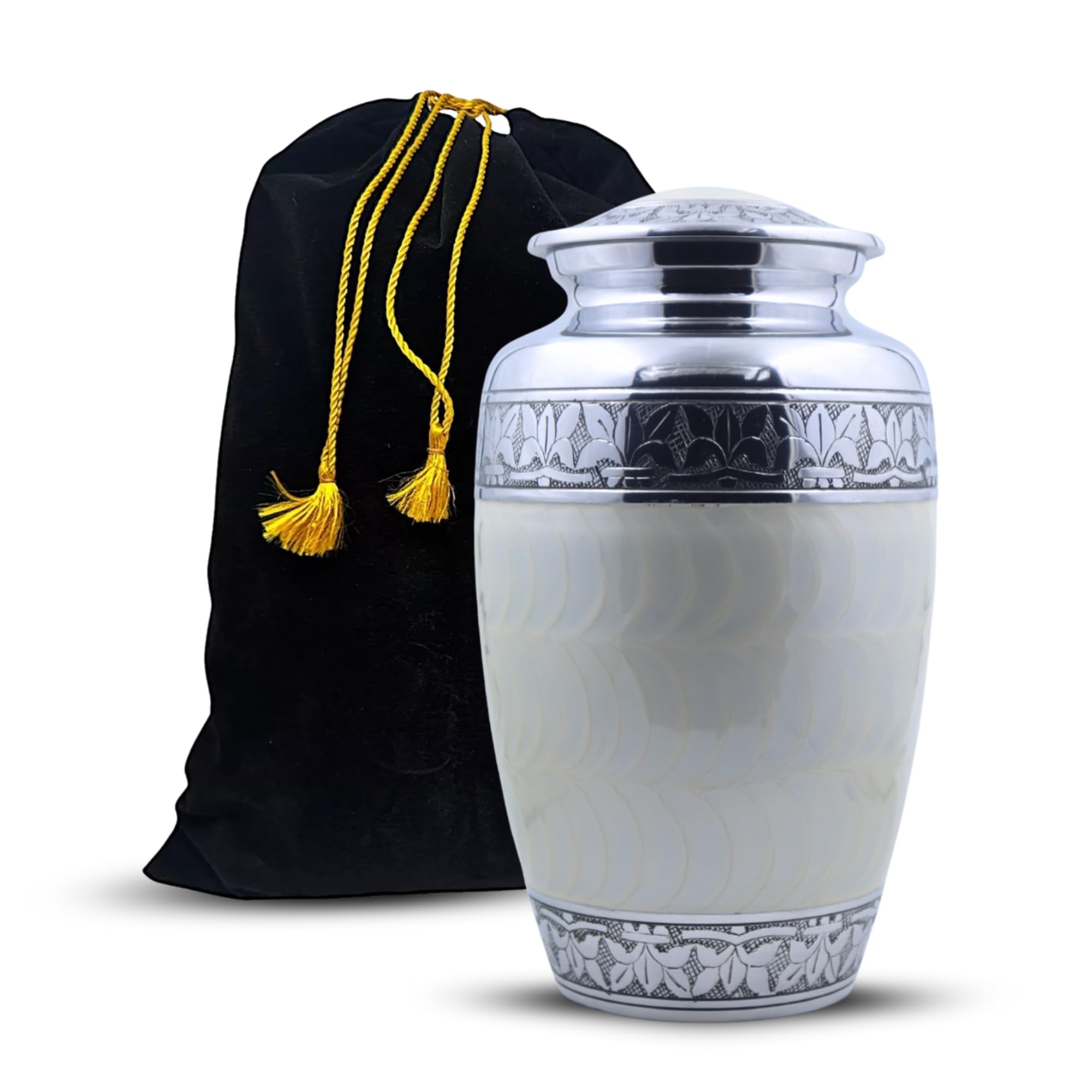 Silver Engraved Cremation Urn for Adults, Handmade Aluminium Urn in Pearl White, Solid Pattern, 7"L x 7"W x 10.5"H, 220 cubic inches