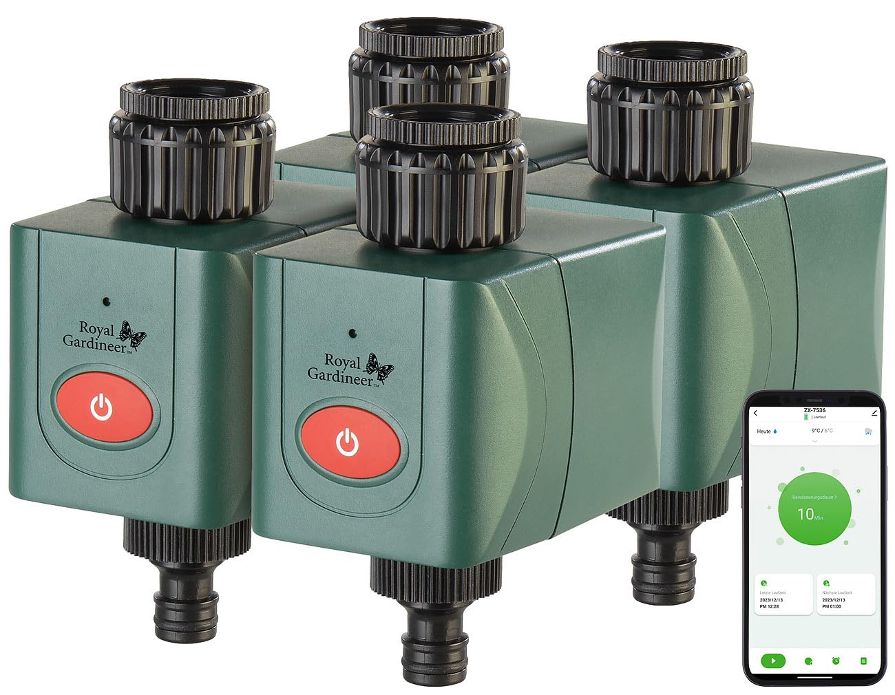 Royal Gardineer Elesion Bewässerung: 4er-Set WLAN-Bewässerungscomputer mit Ventil, App-Wetterdatenabgleich (Steuergerät Garten-Bewässerung, Bewässerungssystem Garten WLAN, Handy)