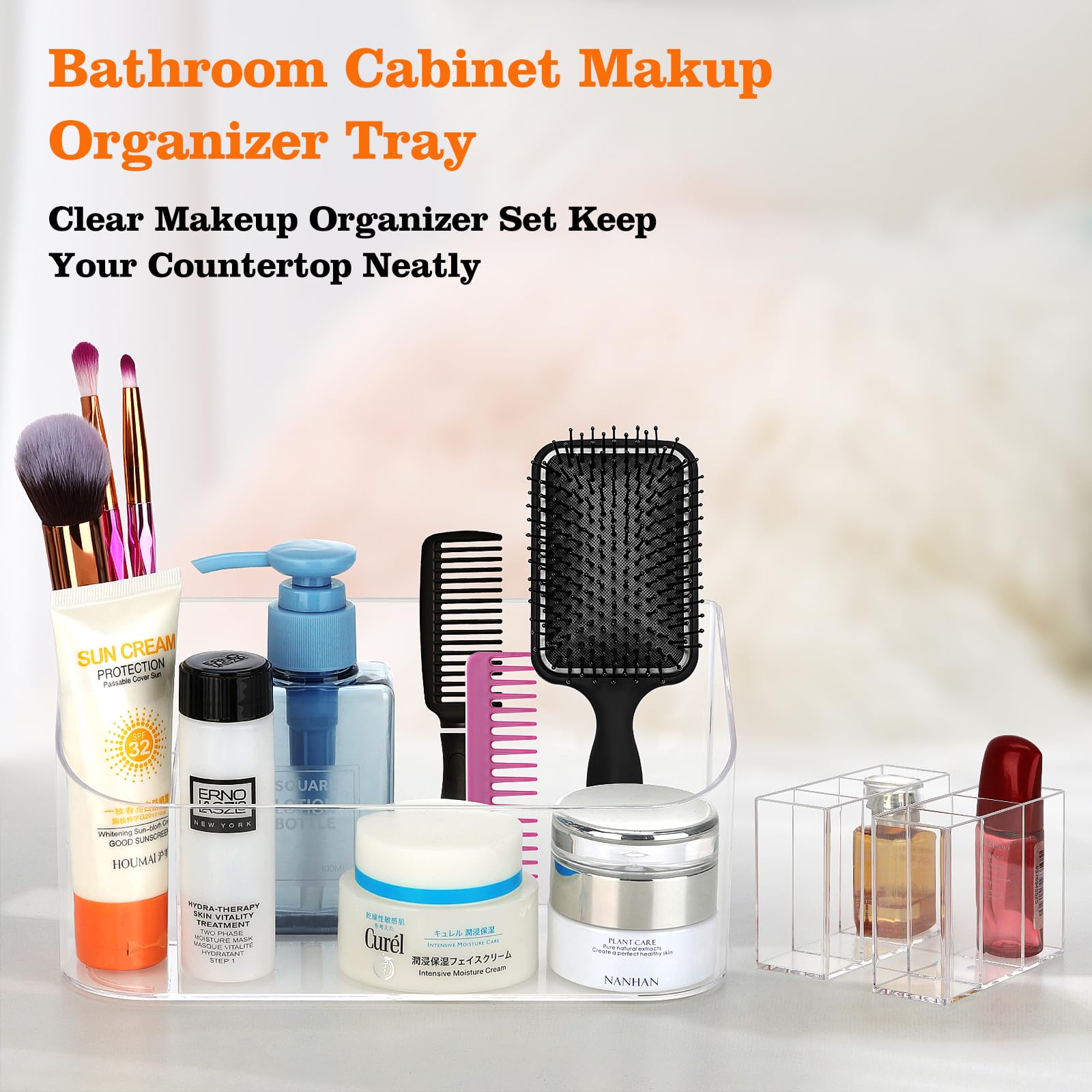 Bandeja de maquillaje transparente, organizador de cosméticos, pequeño organizador de maquillaje para tocador, baño, encimera, mesa, escritorio, cajones de tocador (transparente)