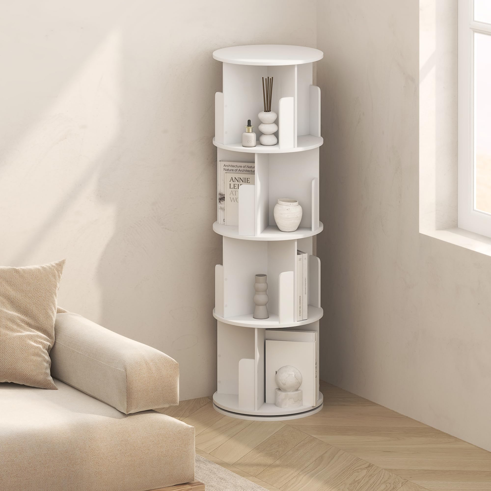 Mikkagu Toki 4-Tier 360 Rotating Bookshelf, Spinning Bookshelf Tower, Revolving Bookcase, Small Corner Book Shelf Organizer for Kids, Living Room