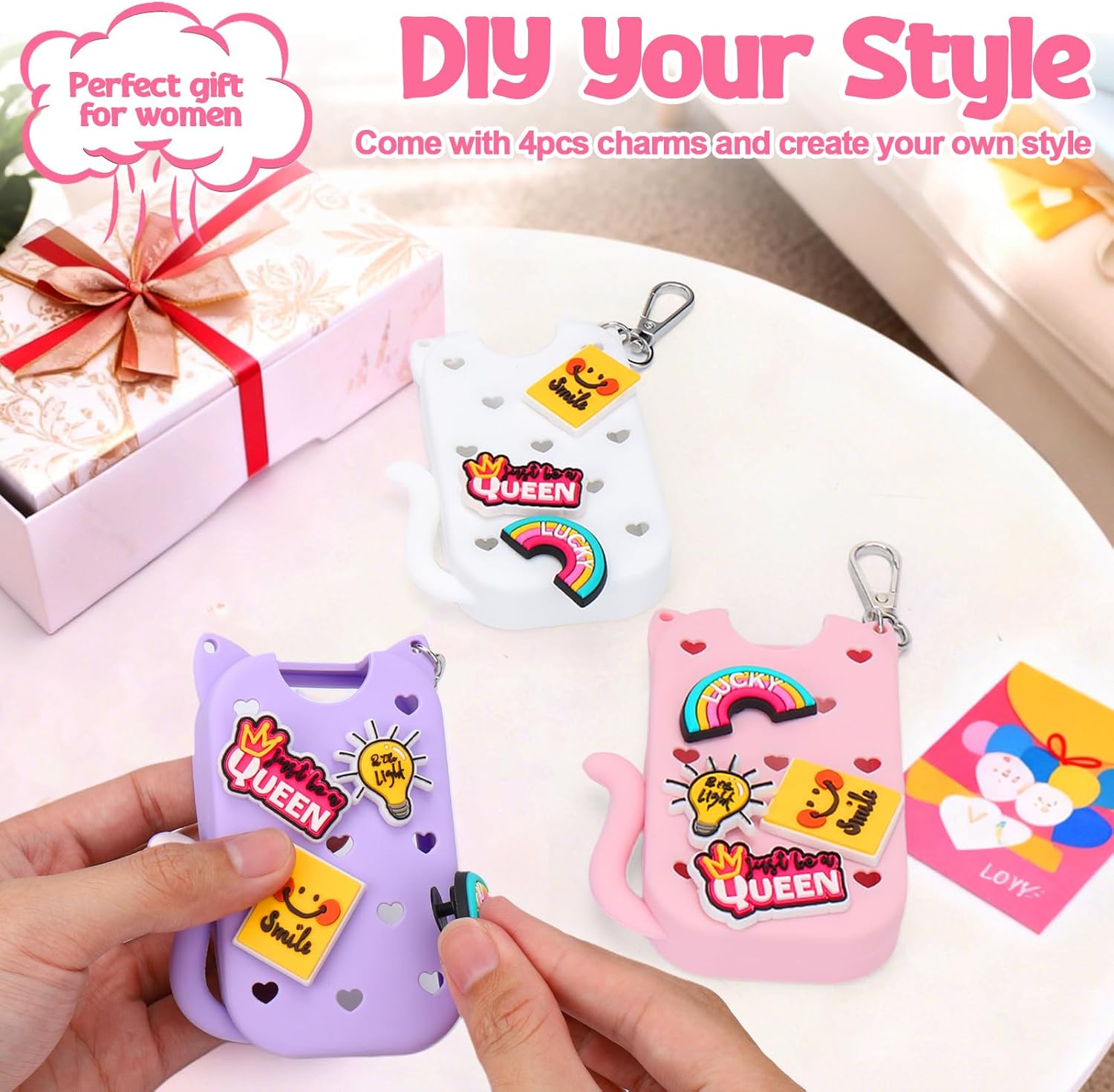 Mity rain Hand Sanitizer Spray Case Compatible With Touchland, Cute Silicone Hand Sanitizer Holder Keychain with 4 Charms, Portable Refillable Sanitizer Accessory, Gift for Women And Teens(Pink) - Image 4