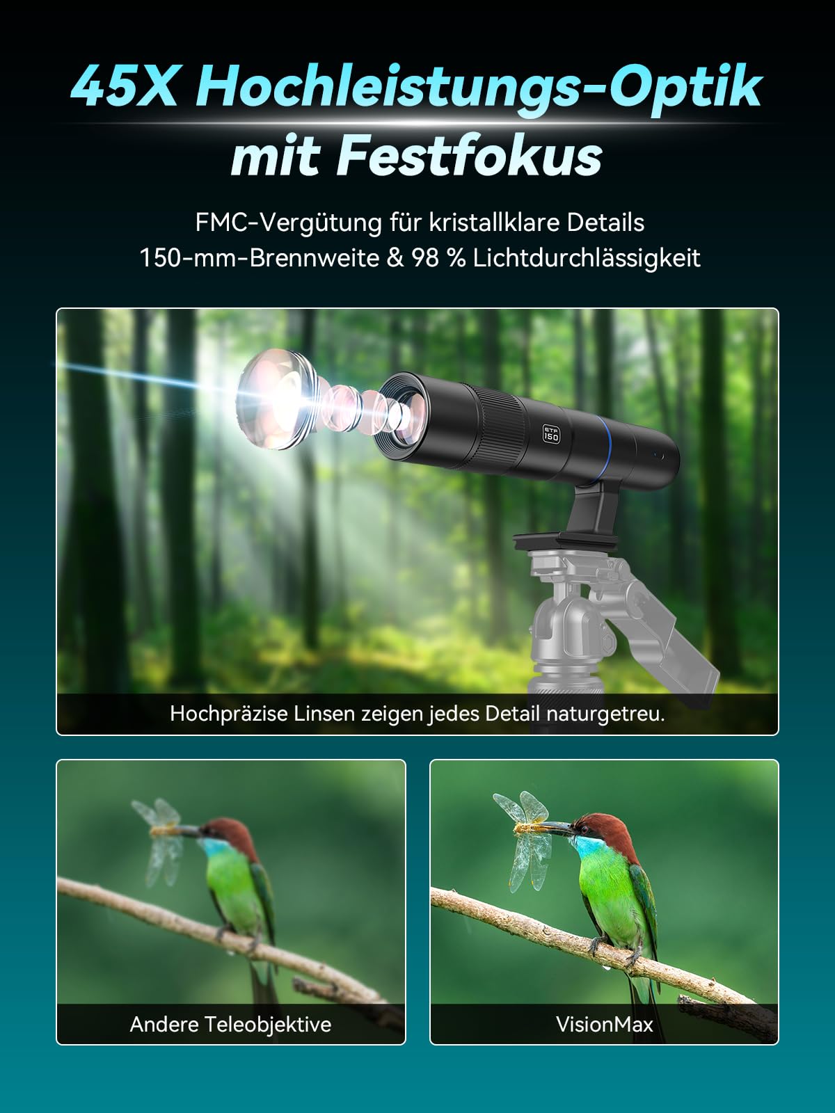 APEXEL 45X Hochleistungs-Objektiv für Smartphones, Digitale Drahtlose Telefonkamera mit APP-Steuerung, Tragbares Teleskop für Vogelbeobachtung, Wildlife, Reisen, Sport