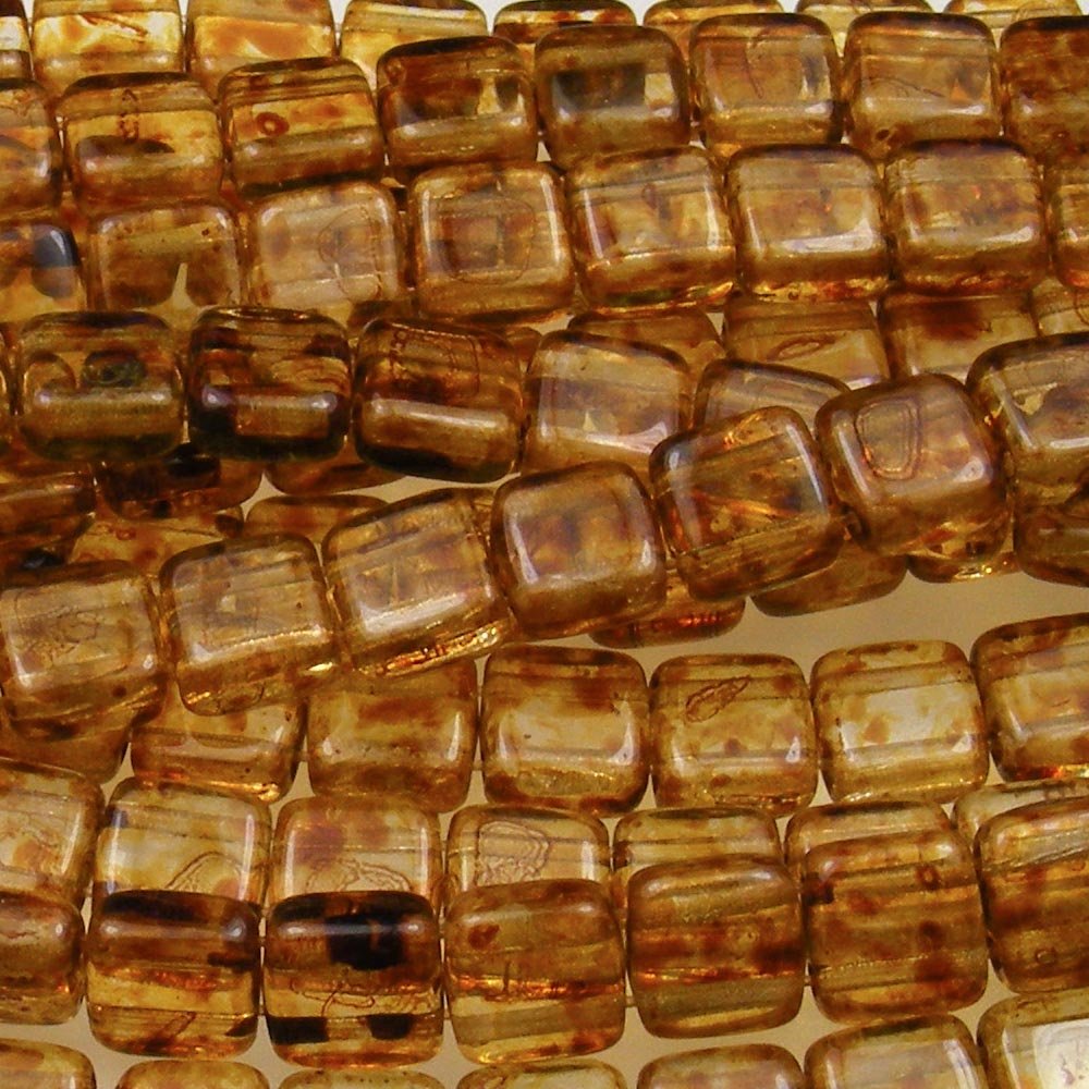 CzechMate 6mm Square Glass Two-Hole Tile Beads - Black Picasso Pressed Glass Beads (25 Pieces)